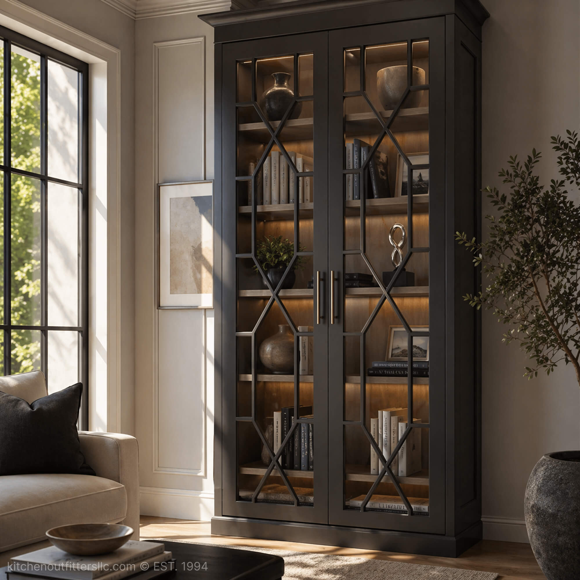 Keystone mullion glass cabinet doors in tall living room cabinet, dark painted finish