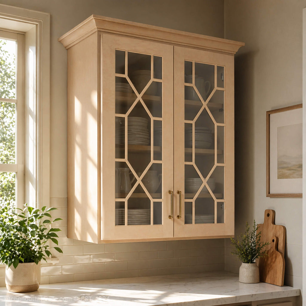 Keystone mullion glass cabinet doors in kitchen wall cabinets, light painted finish