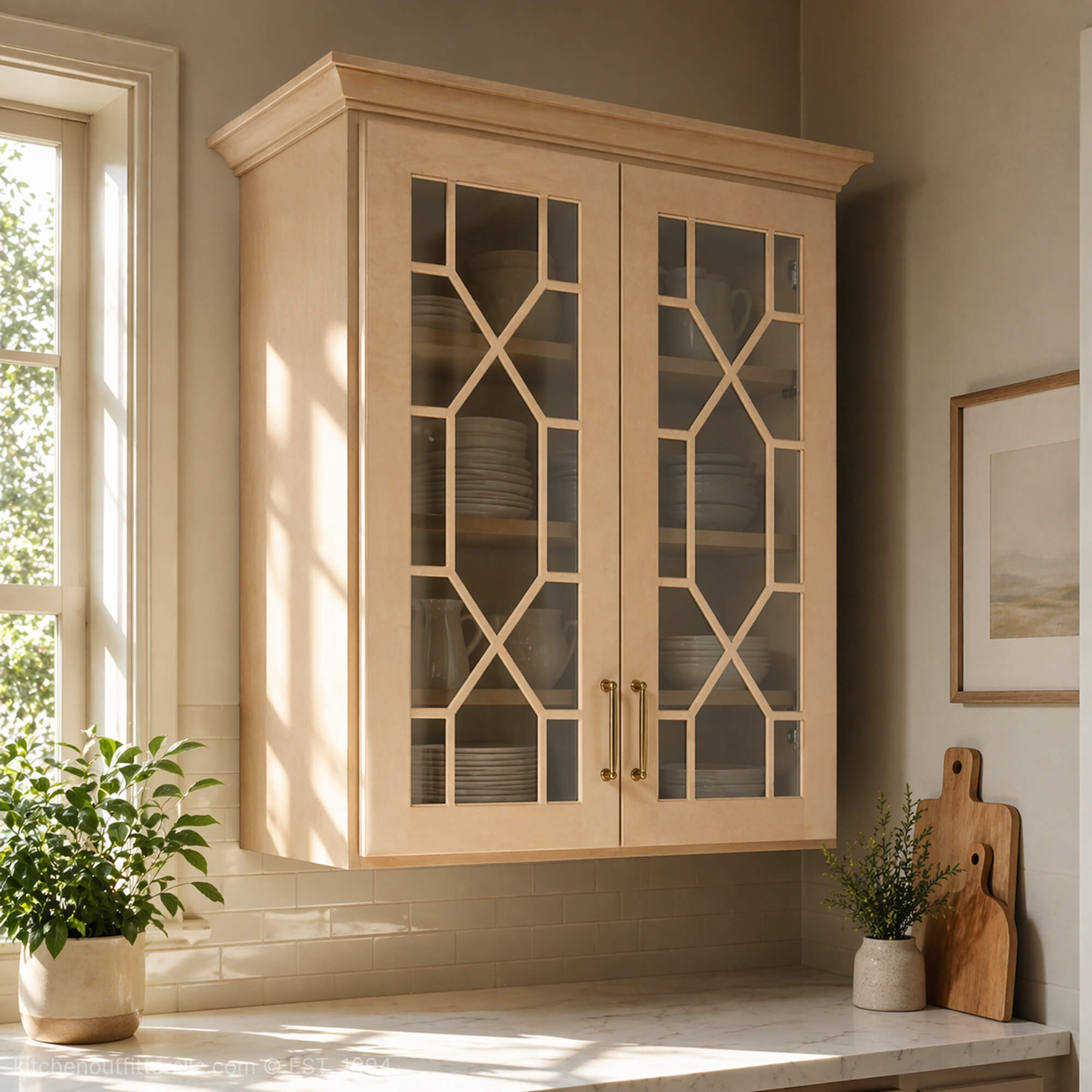 Keystone mullion glass cabinet doors in kitchen wall cabinets, light painted finish
