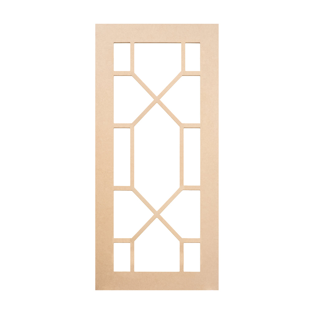 Keystone Mullion glass-ready MDF cabinet door frame with geometric diamond pattern and rectangular accents – handcrafted for modern and classic kitchens.