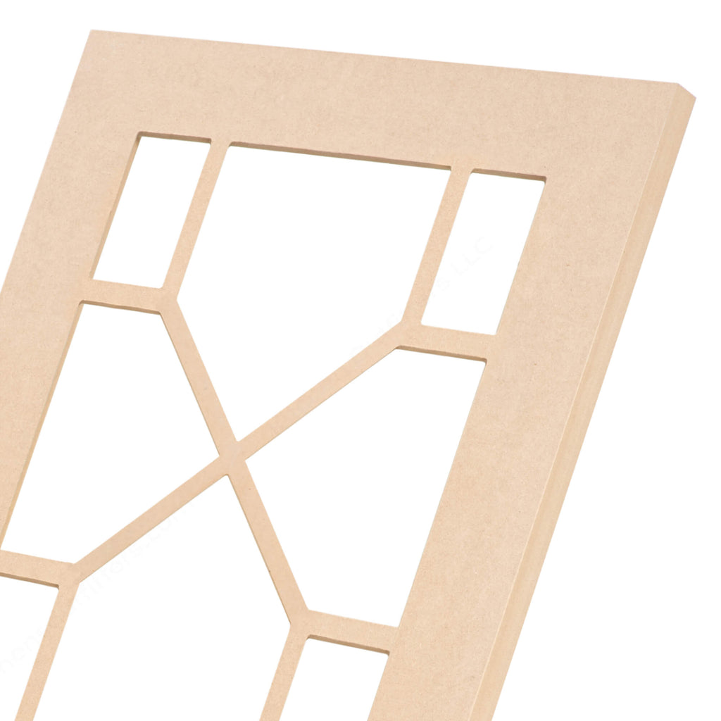 Keystone mullion MDF cabinet door frame close-up, geometric glass-ready pattern