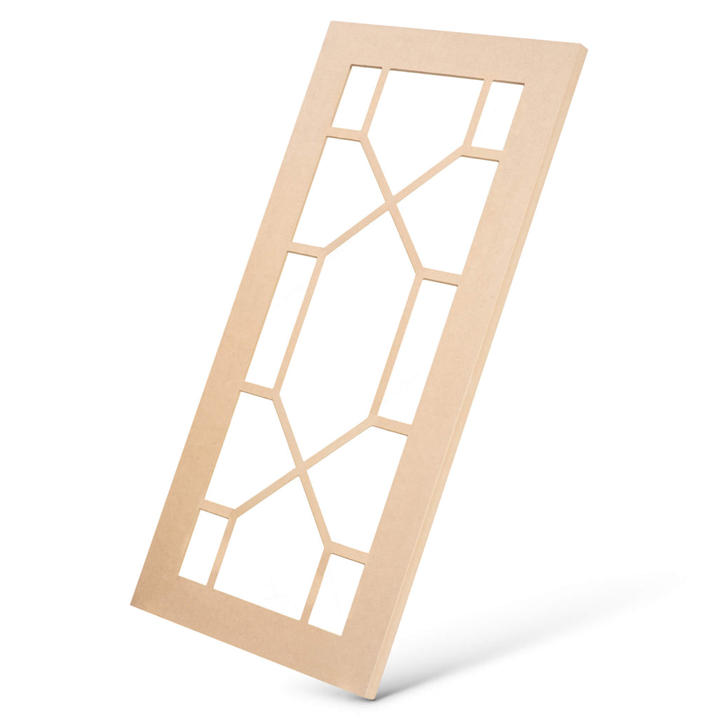 Keystone mullion MDF glass-ready cabinet door frame angled view, geometric design