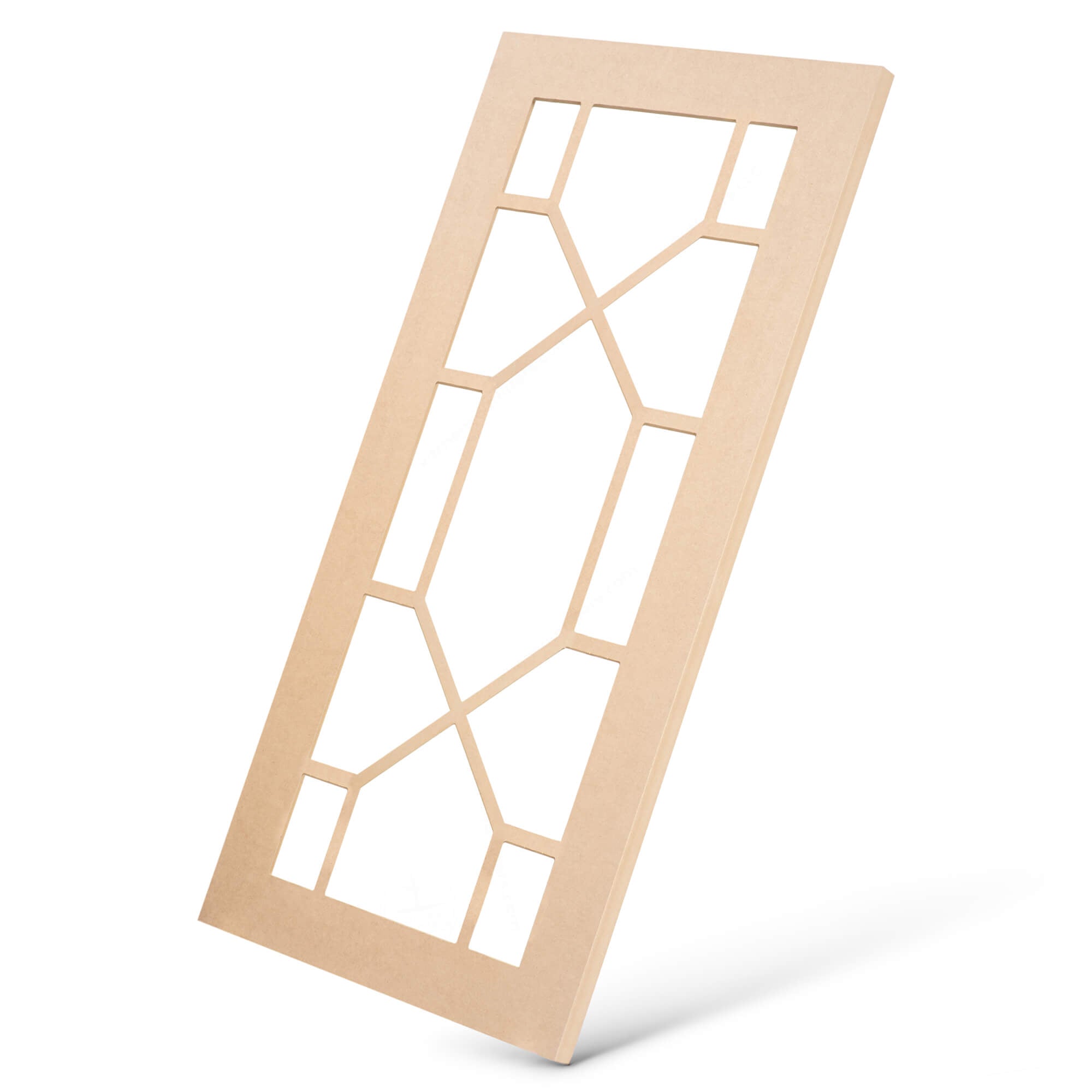 Keystone mullion MDF glass-ready cabinet door frame angled view, geometric design