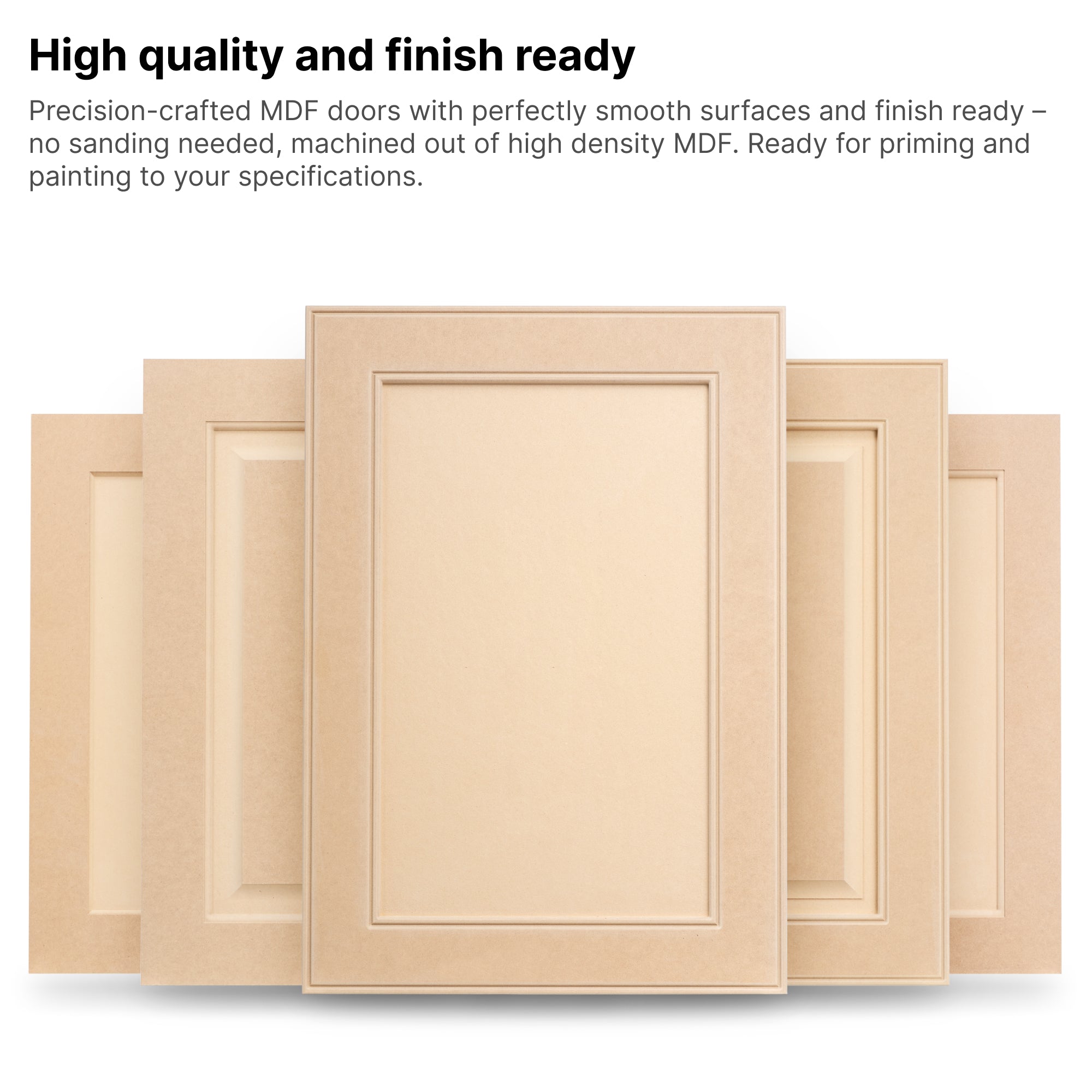 Front view of high-quality MDF cabinet doors – smooth finish, ready for primer and paint