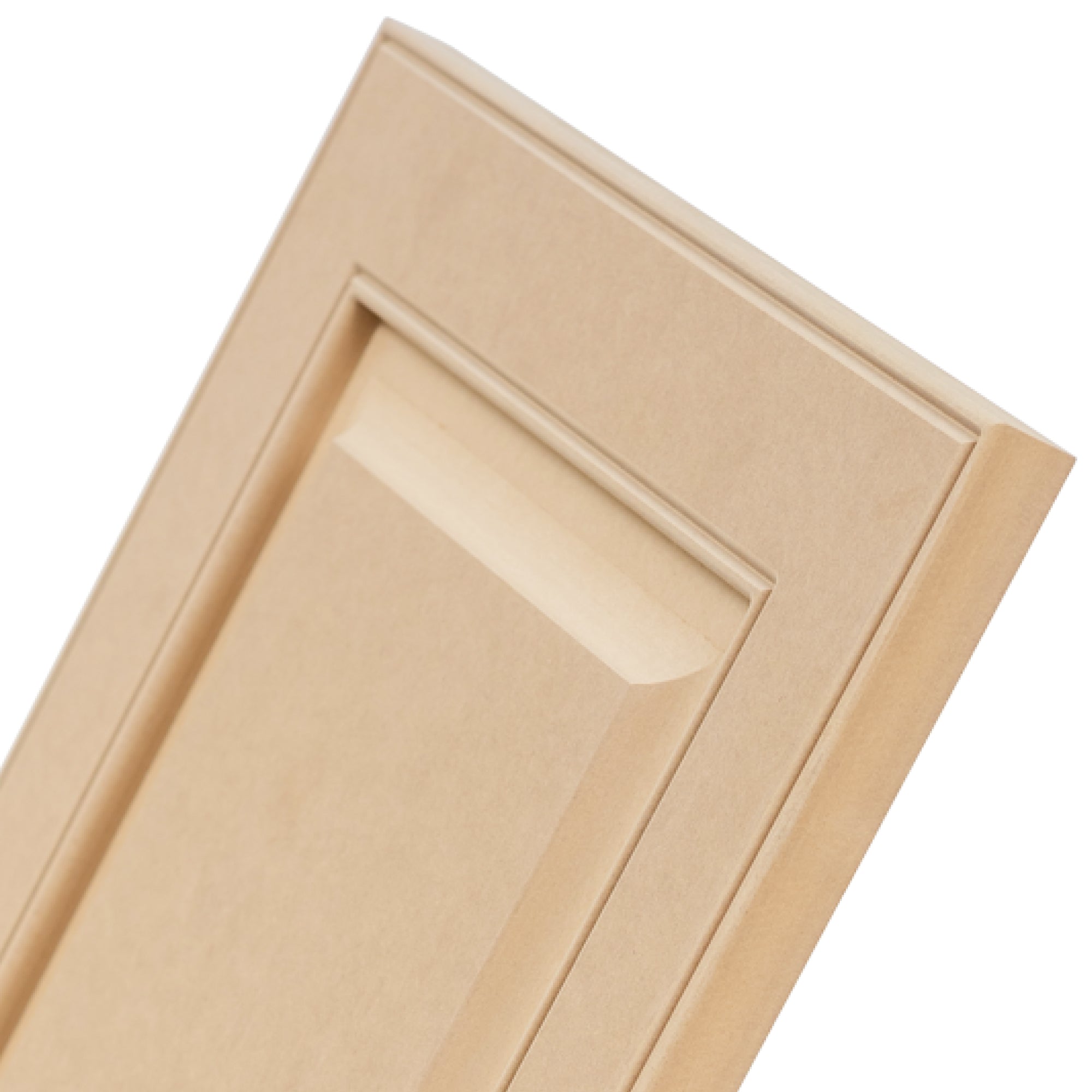 Zoomed side view of Madison Raised Panel MDF cabinet door showcasing beveled edge and detailed panel profile