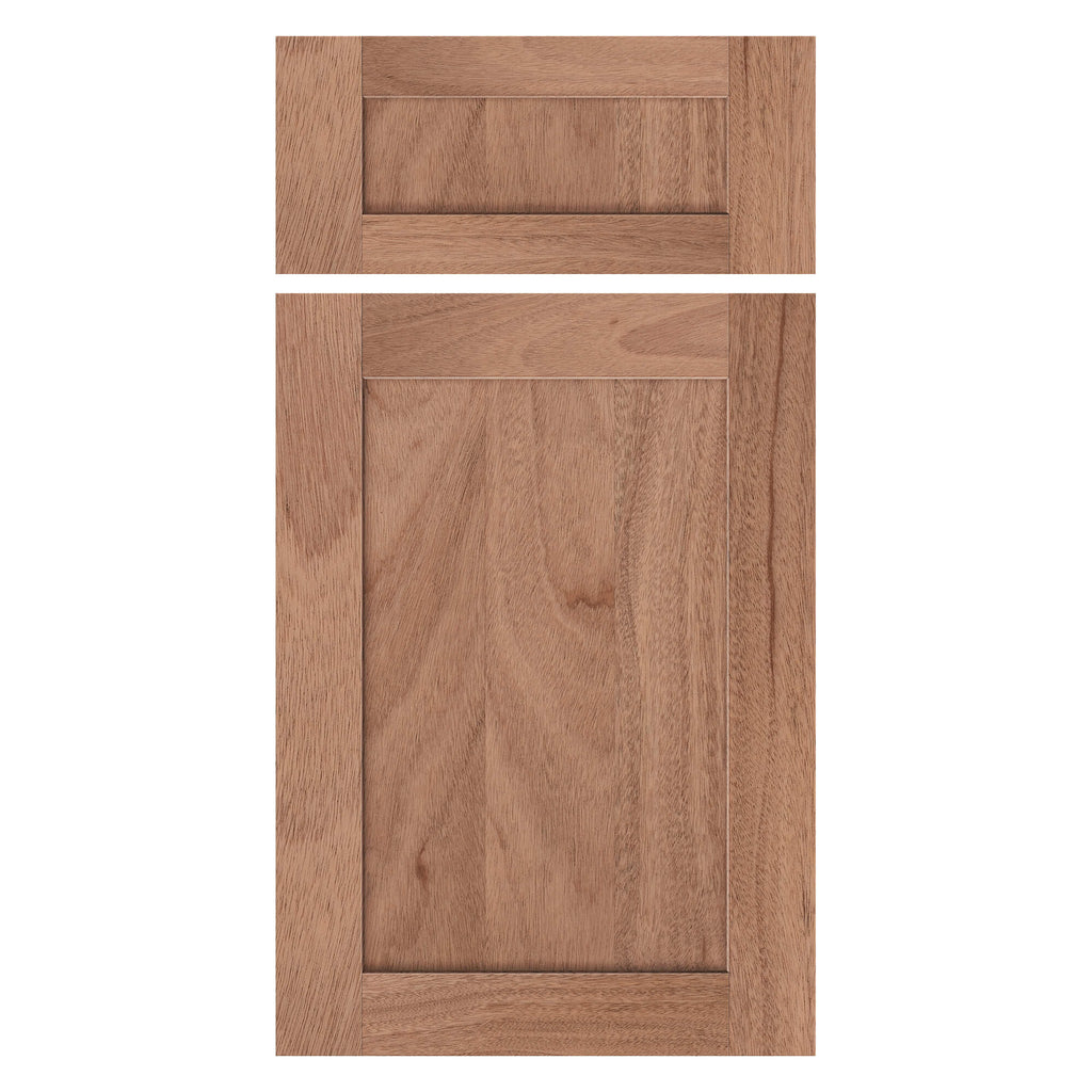 African Mahogany (Khaya anthotheca) Shaker cabinet door with matching drawer front, straight-on view showing recessed panel and grain.