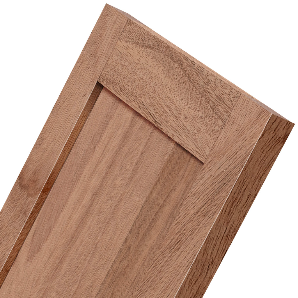 African Mahogany (Khaya anthotheca) Shaker door corner detail, close-up of stile-to-rail joint and recessed panel profile.