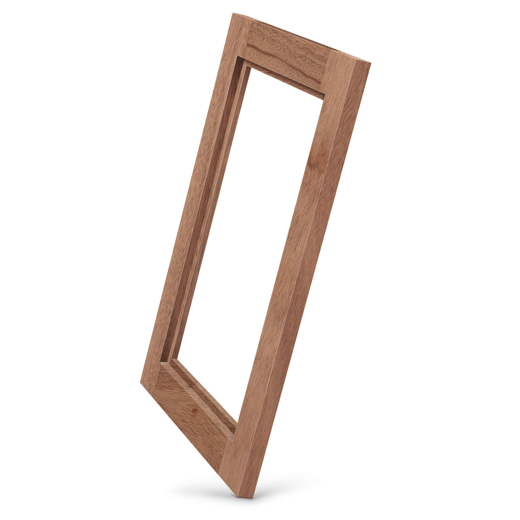 African Mahogany (Khaya anthotheca) Shaker glass-ready cabinet door frame, angled view showing rabbet for glass insert and clean joinery.