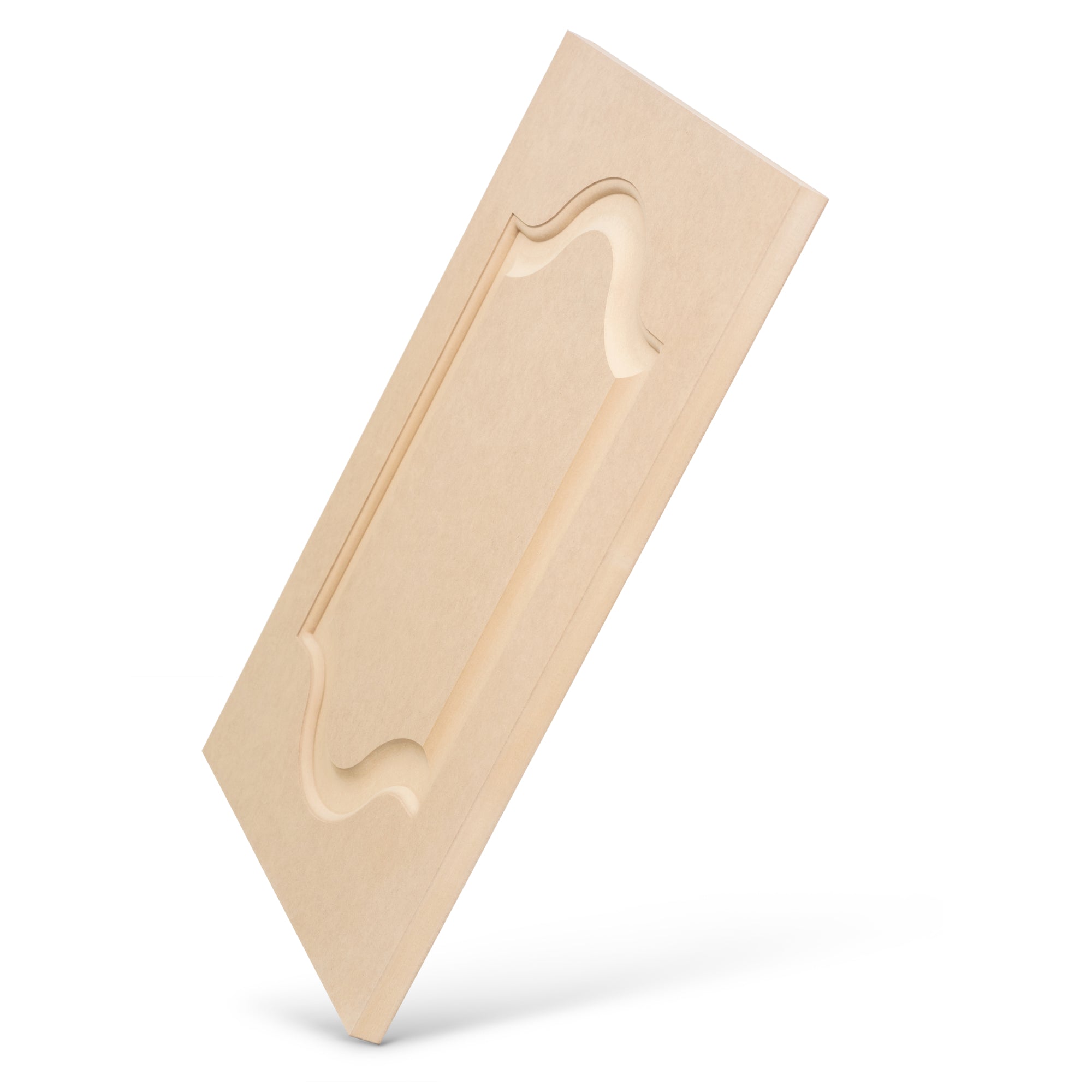 Mirrored Mission Raised Panel MDF Cabinet Door – angled view showing double-arched raised panel design.