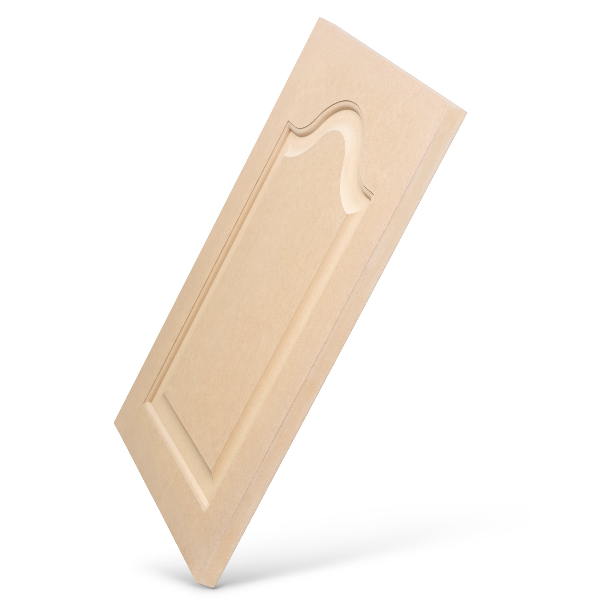 Mission Raised Panel MDF Cabinet Door – angled view showing raised center panel and arched top profile.