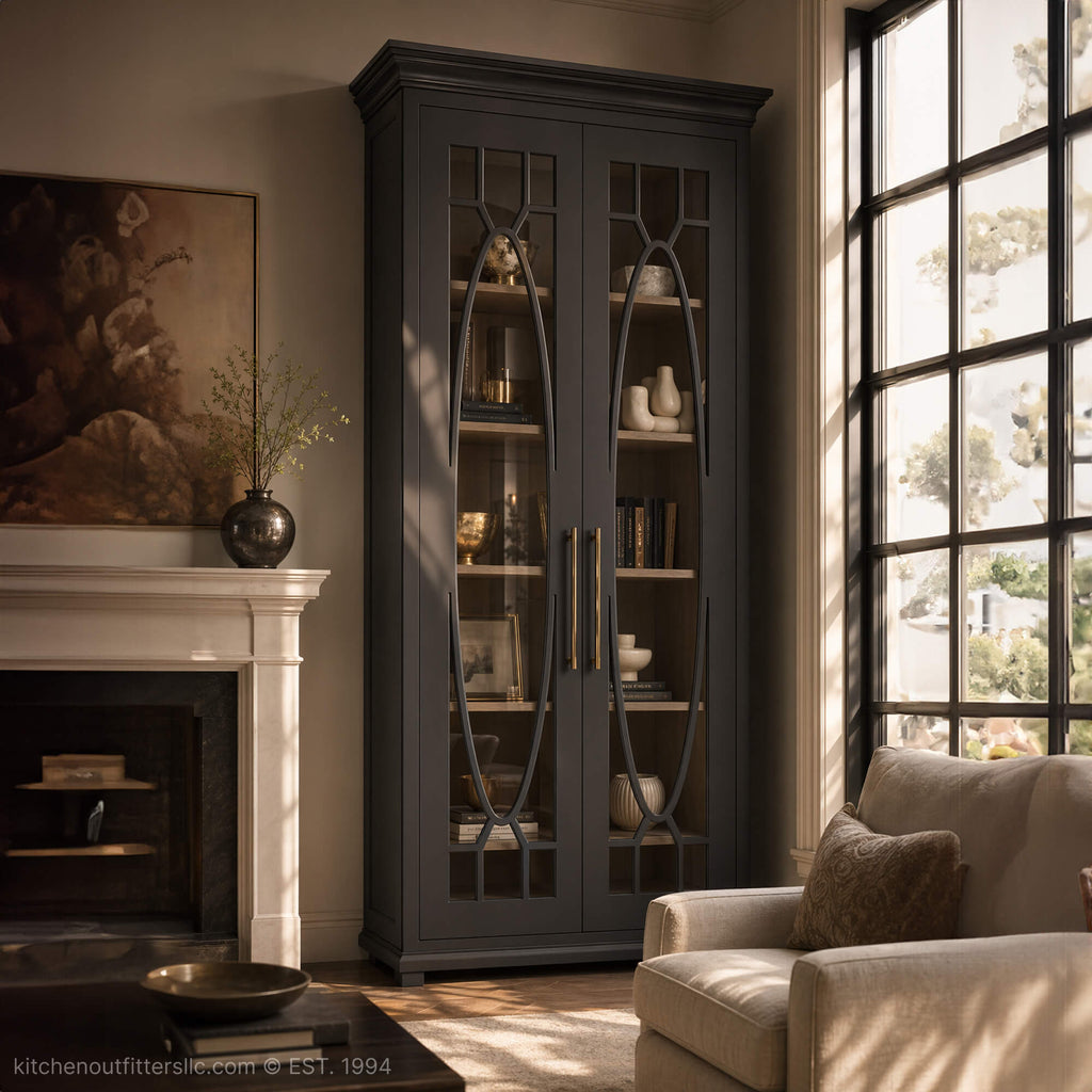Ornamental oval mullion glass cabinet doors in tall living room cabinet, dark painted finish