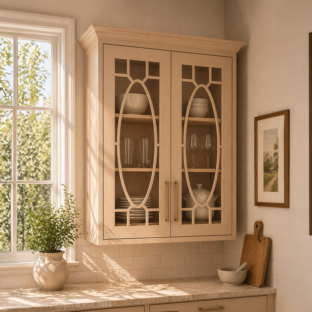 Ornamental oval mullion glass cabinet doors in kitchen wall cabinets, light painted finish