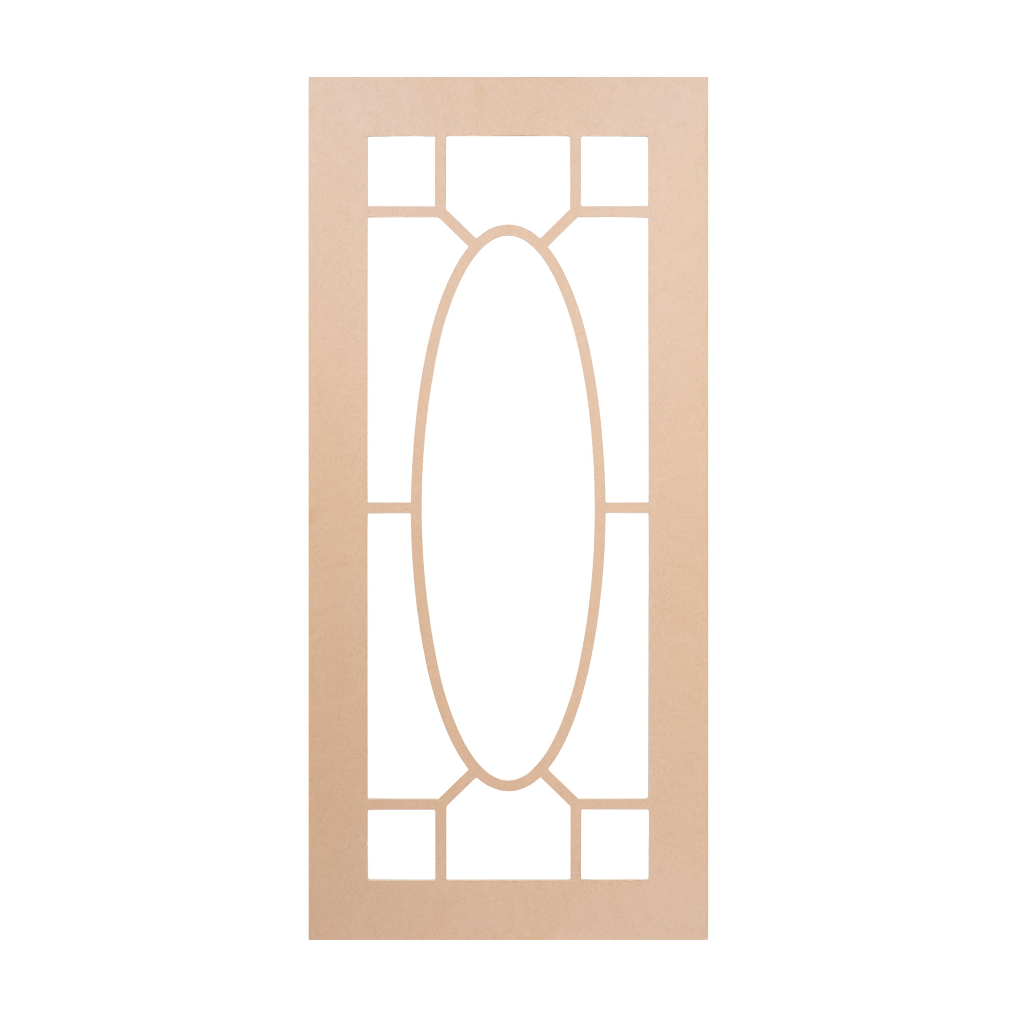 Ornamental Oval Mullion glass-ready MDF cabinet door frame with decorative oval center and symmetrical design – crafted for elegant kitchen interiors.