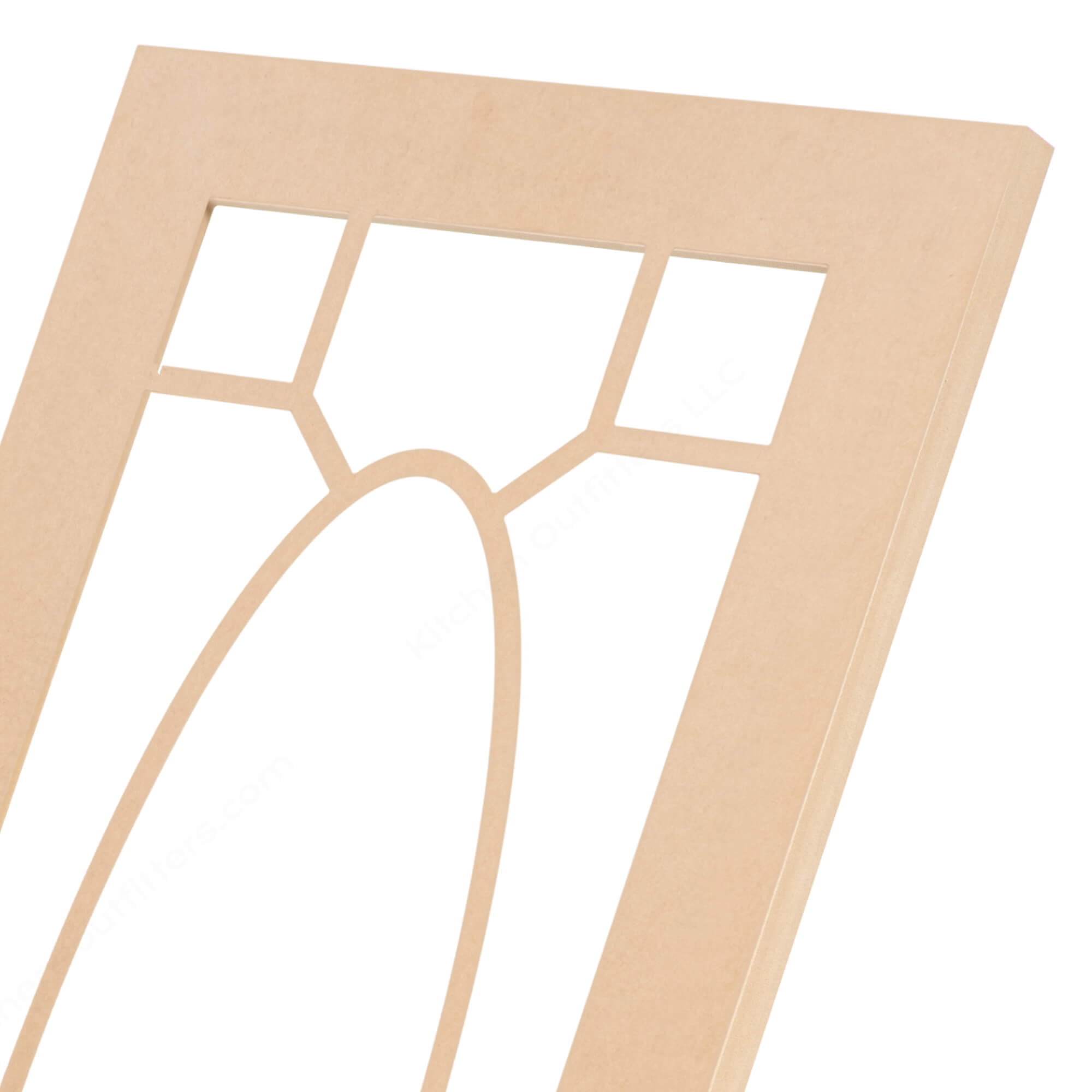 Ornamental oval mullion MDF cabinet door frame close-up, decorative glass-ready design