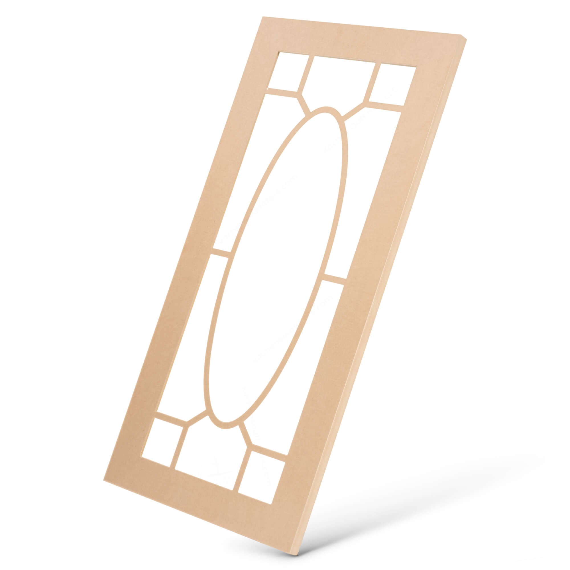 Ornamental oval mullion glass-ready cabinet door frame angled view, MDF primed finish