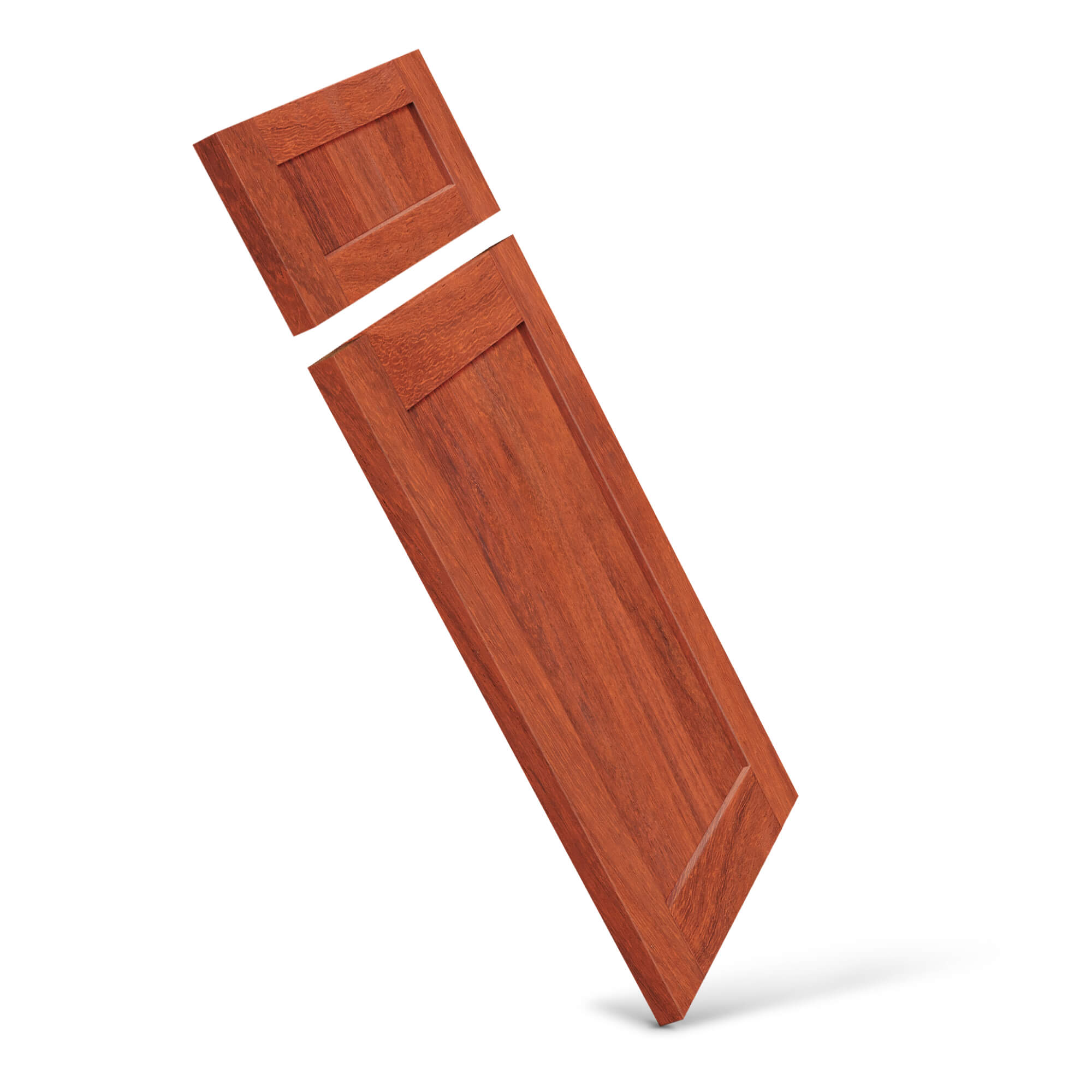 Padauk Shaker cabinet door, angled side view highlighting clean lines and crisp inside edge profile.