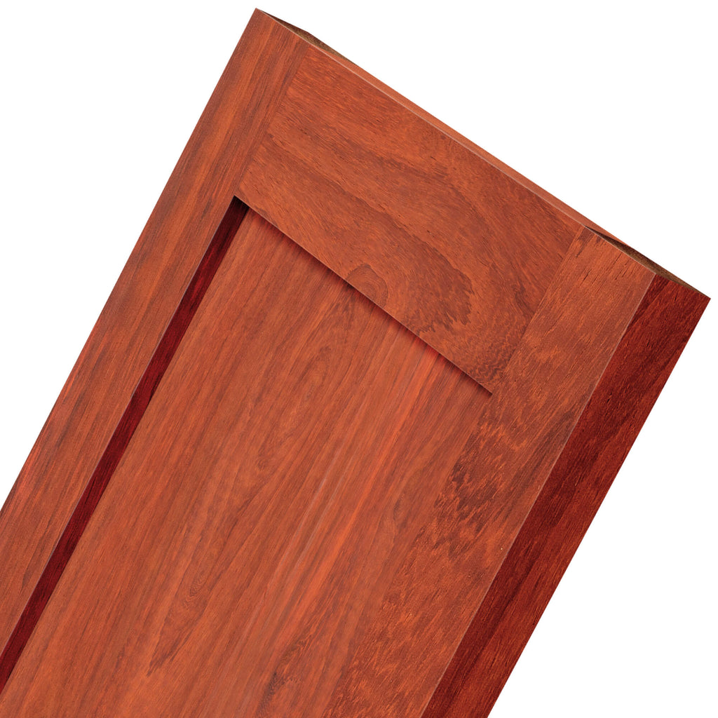 Padauk Shaker door corner detail, close-up of stile-to-rail joint and recessed panel profile.