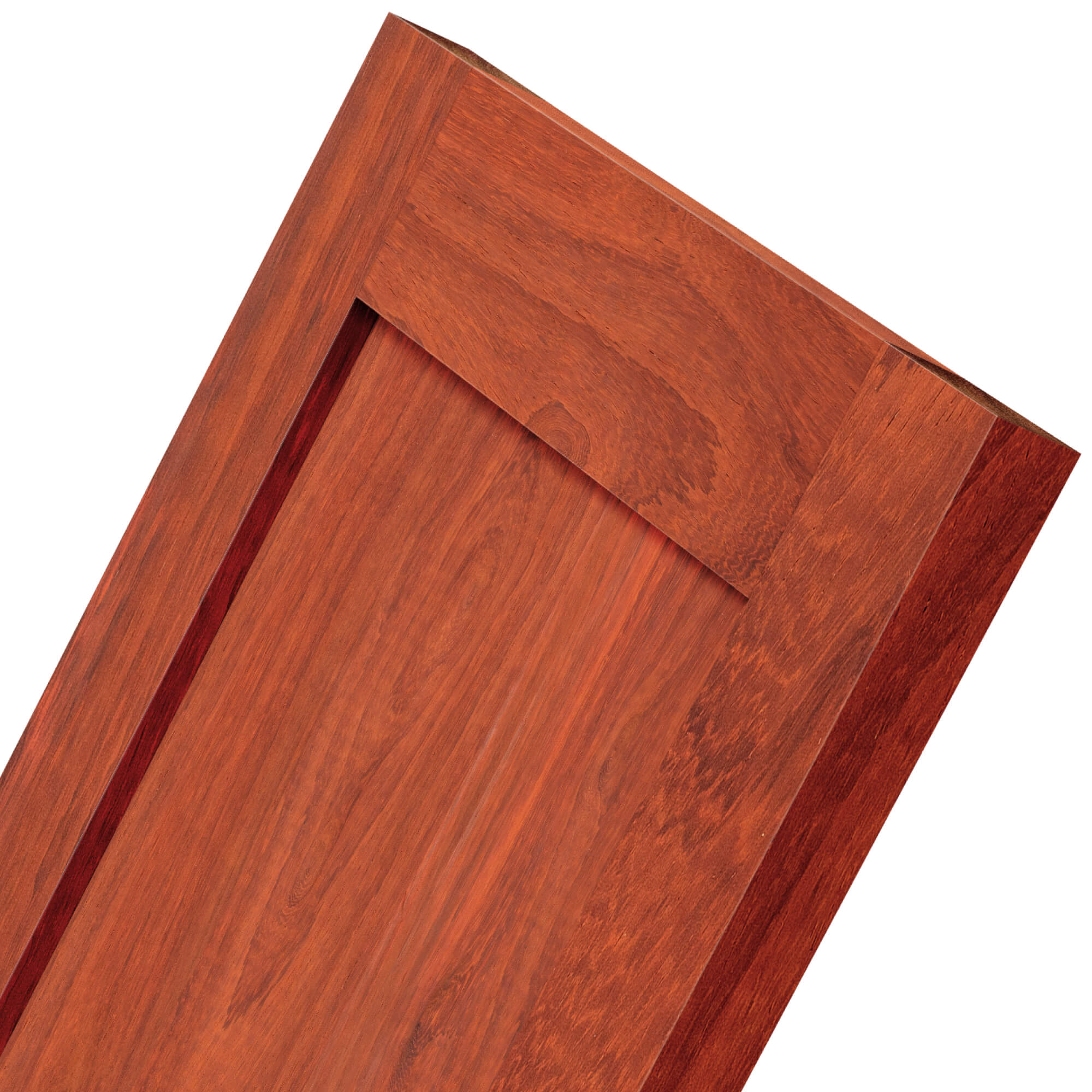 Padauk Shaker door corner detail, close-up of stile-to-rail joint and recessed panel profile.