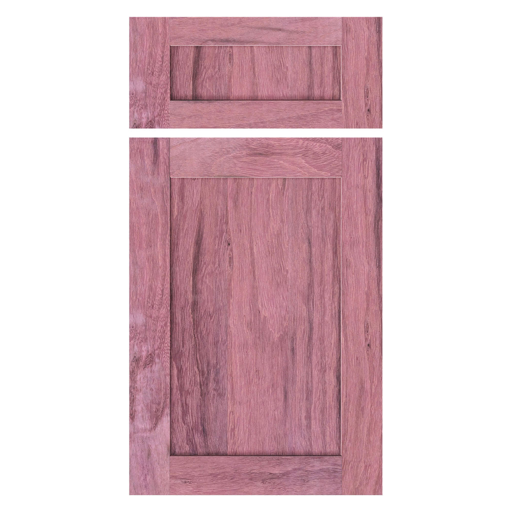 Purpleheart Shaker cabinet door and matching drawer front — front view, unfinished hardwood