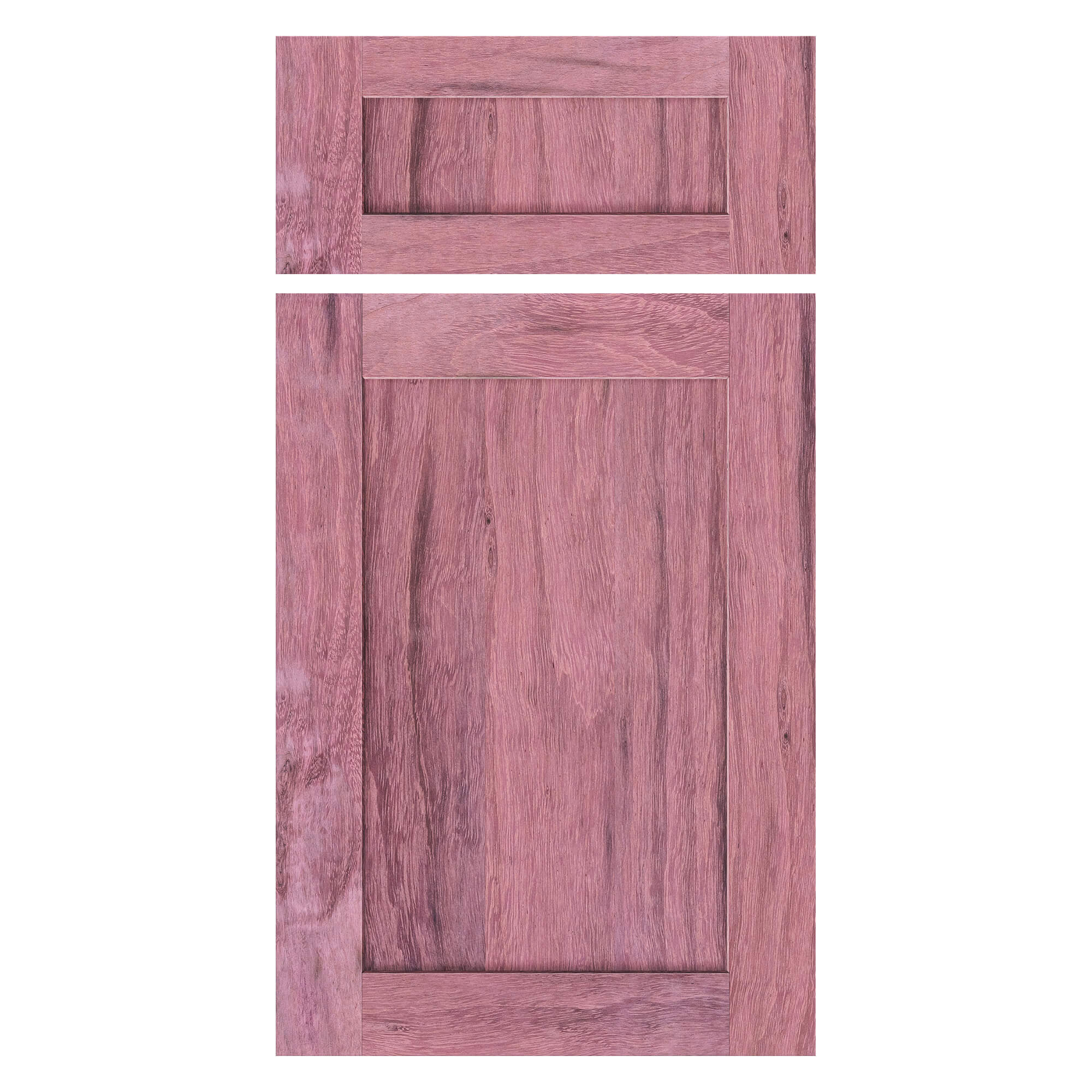 Purpleheart Shaker cabinet door and matching drawer front — front view, unfinished hardwood
