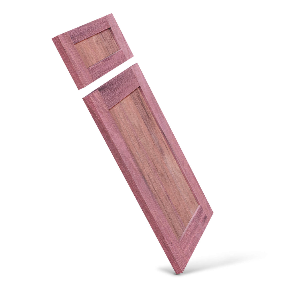 Purpleheart Shaker cabinet door and drawer front — angled perspective on white background