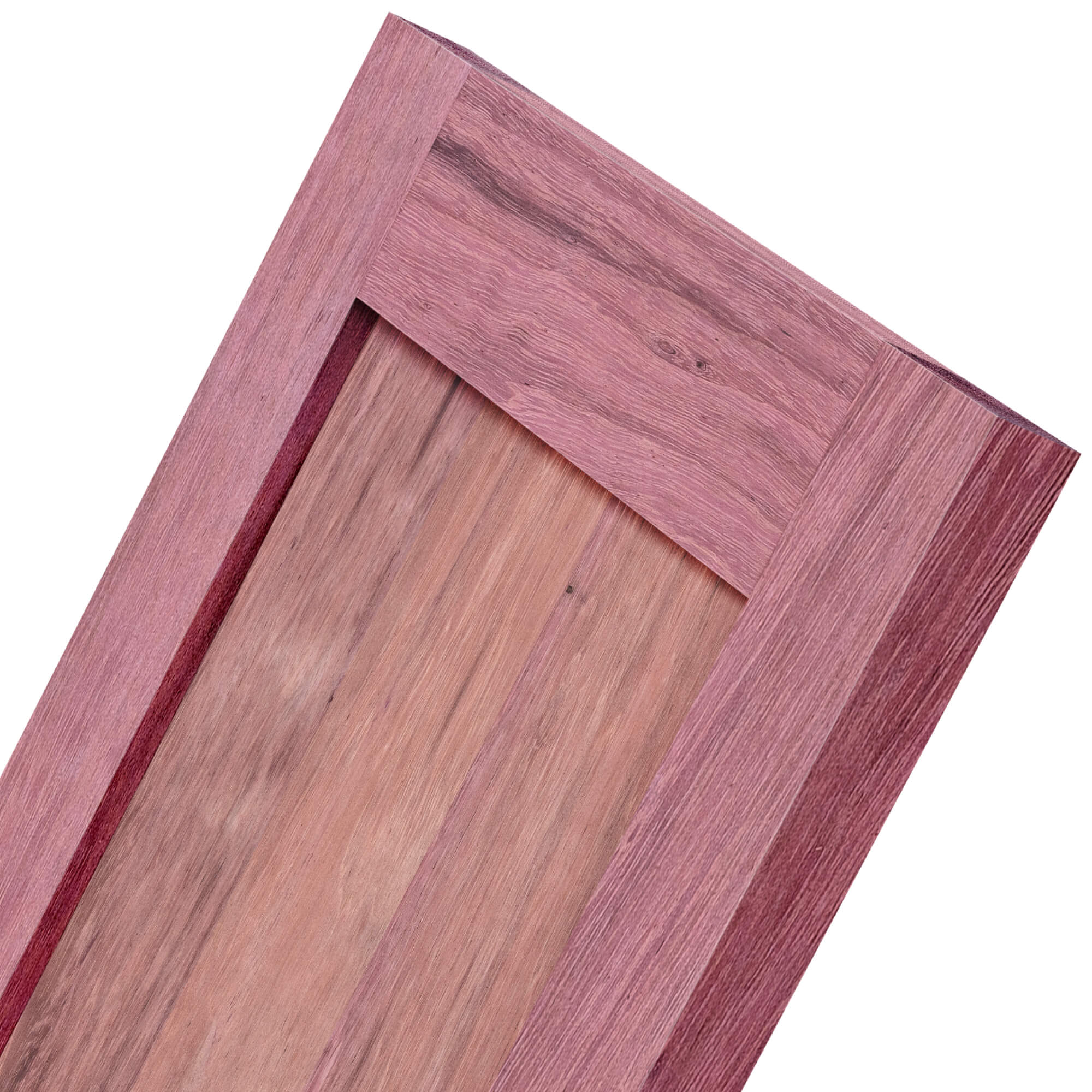 Purpleheart Shaker cabinet door — close-up of rail-to-stile joint and wood grain