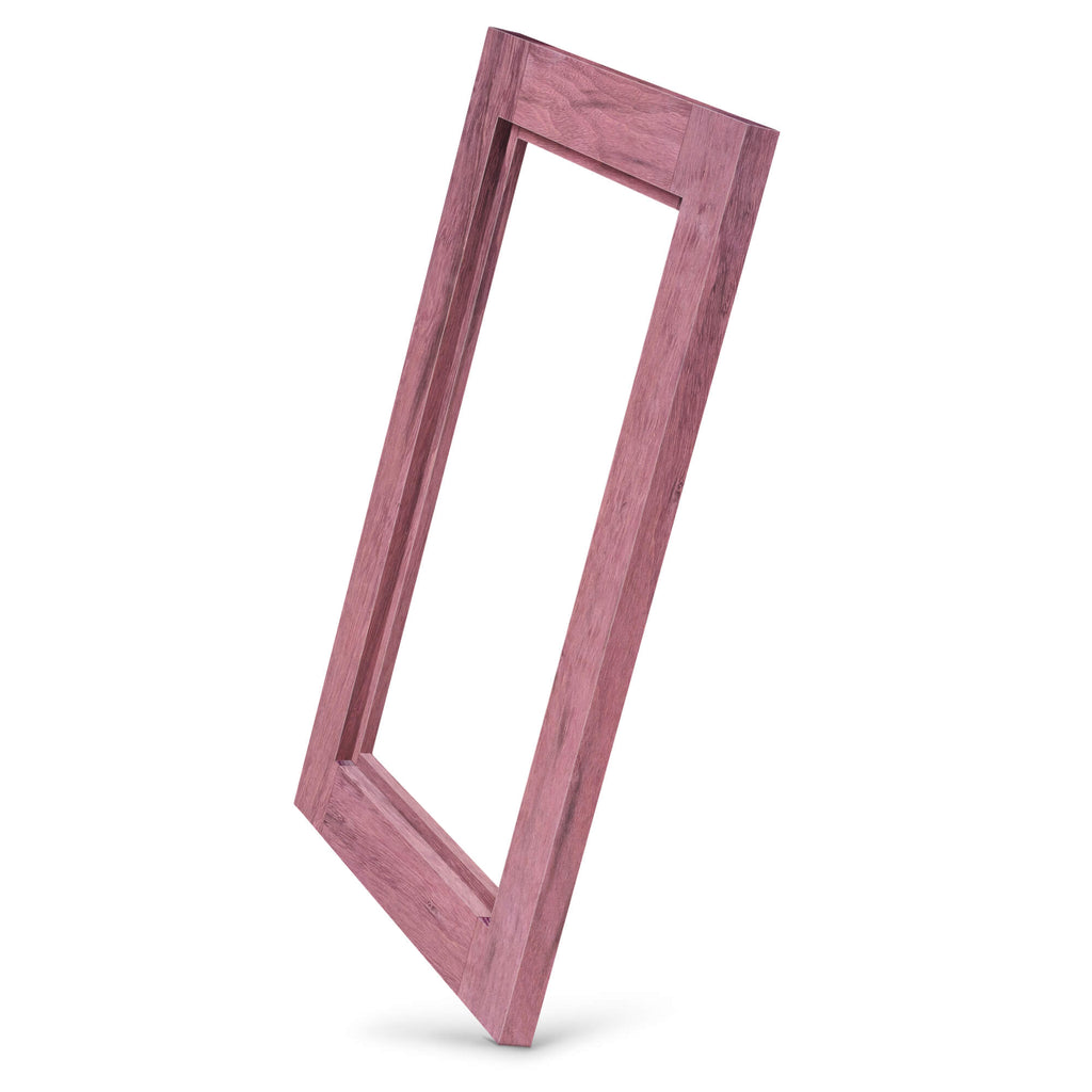 Purpleheart Shaker glass-ready cabinet door frame — angled side view