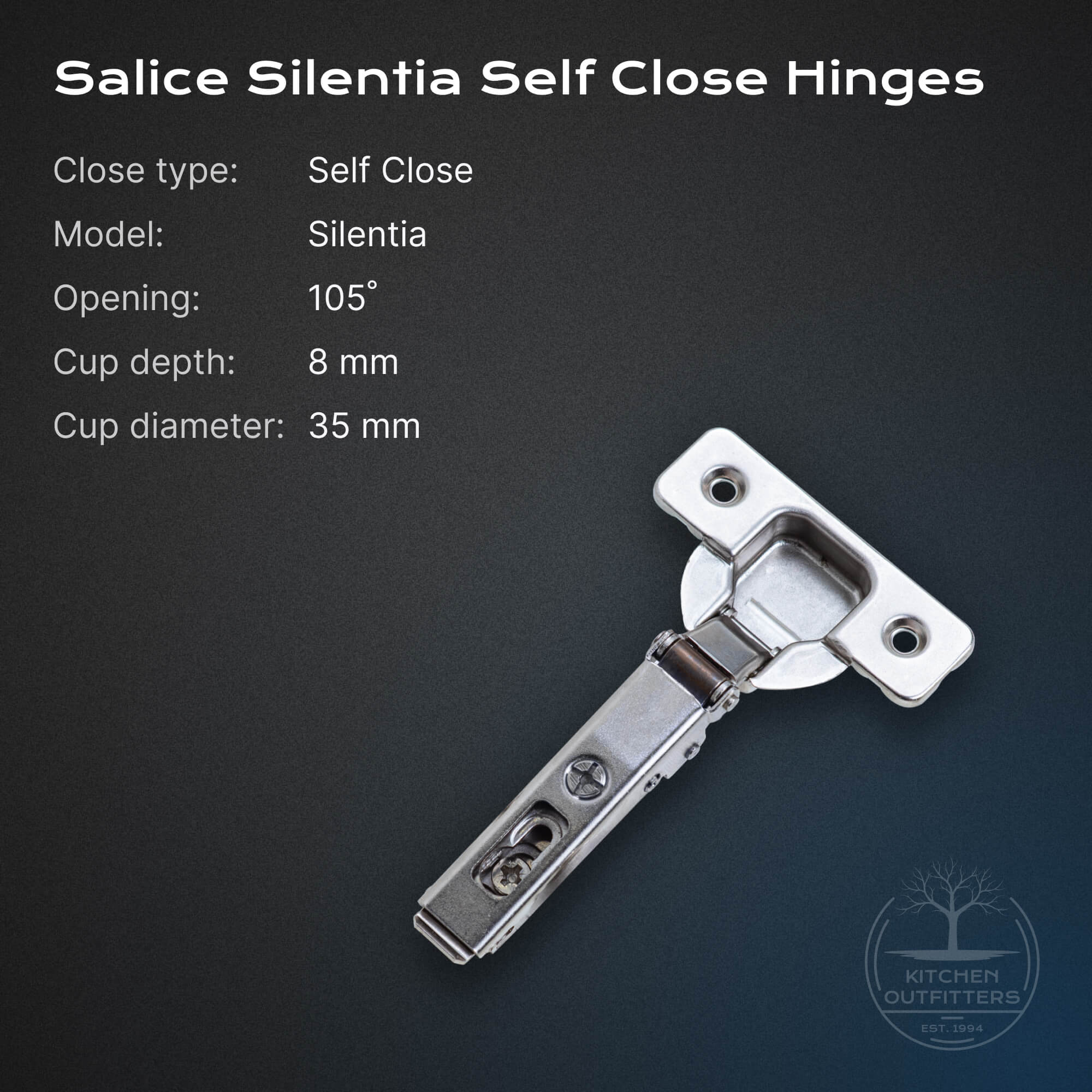 Salice Silentia self-close concealed hinge, 105° opening, 35 mm cup, 8 mm cup depth.