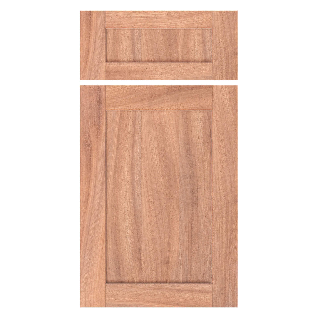 Sapele Shaker cabinet door and matching drawer front — front view on white, recessed panel and smooth grain.