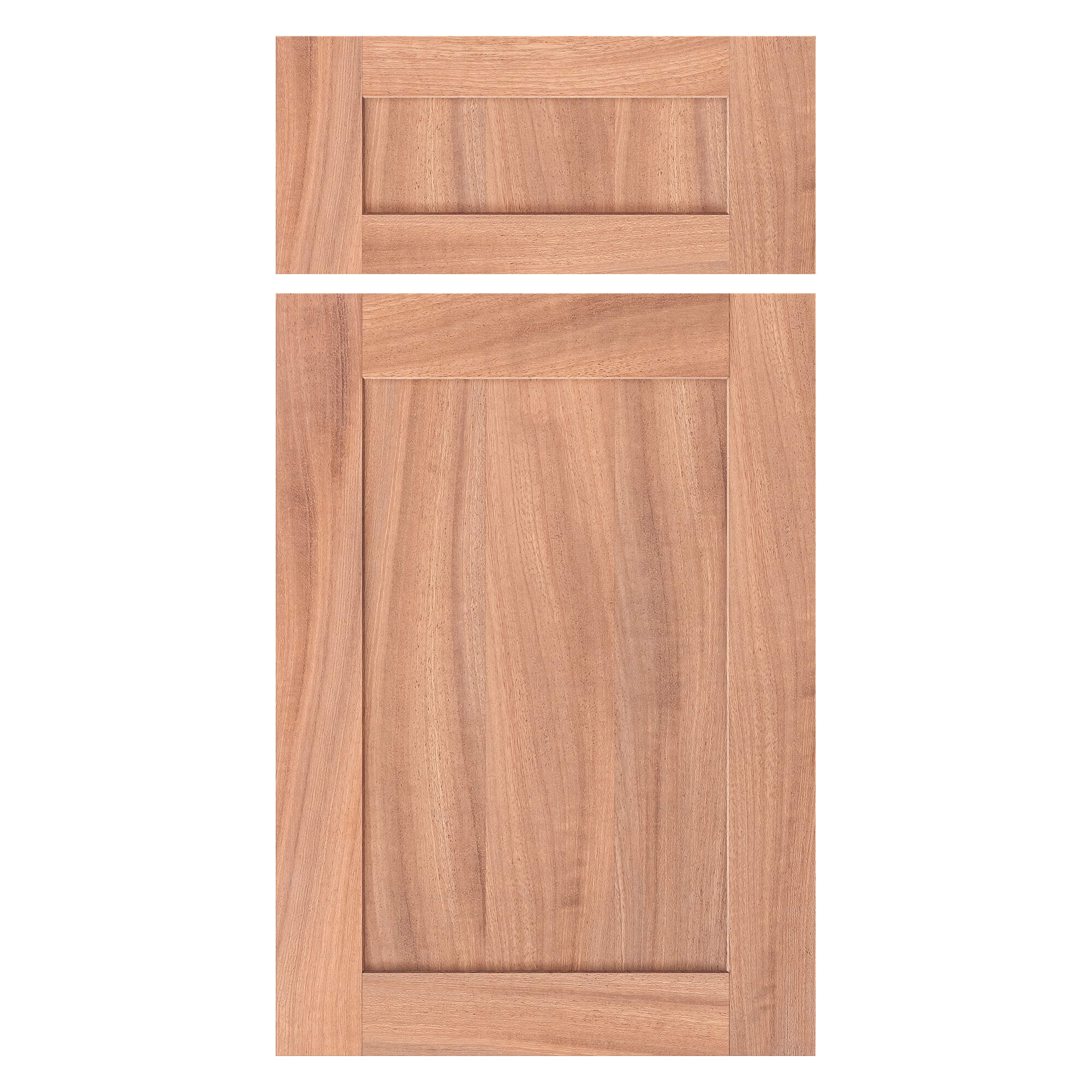 Sapele Shaker cabinet door and matching drawer front — front view on white, recessed panel and smooth grain.