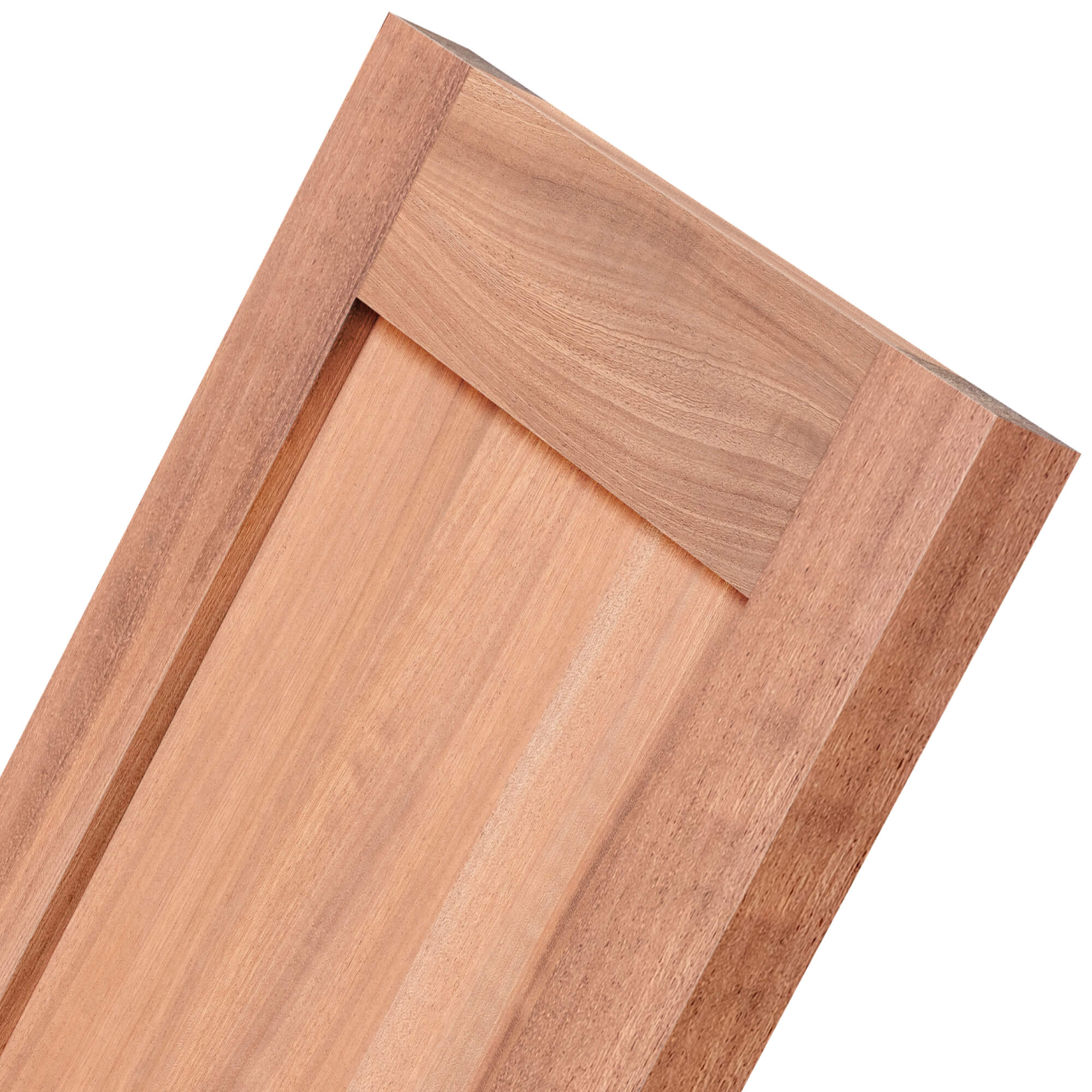 Sapele Shaker cabinet door — close-up corner detail showing stile, rail and recessed panel joinery, natural grain