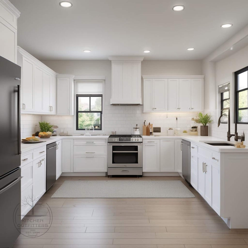White Shaker style kitchen cabinets with full-overlay doors and modern stainless appliances