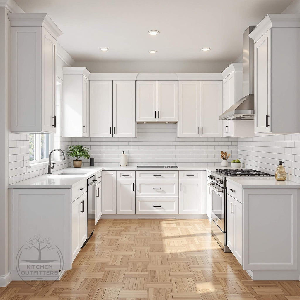 Custom Shaker cabinet doors installed in bright modern kitchen with subway tile backsplash