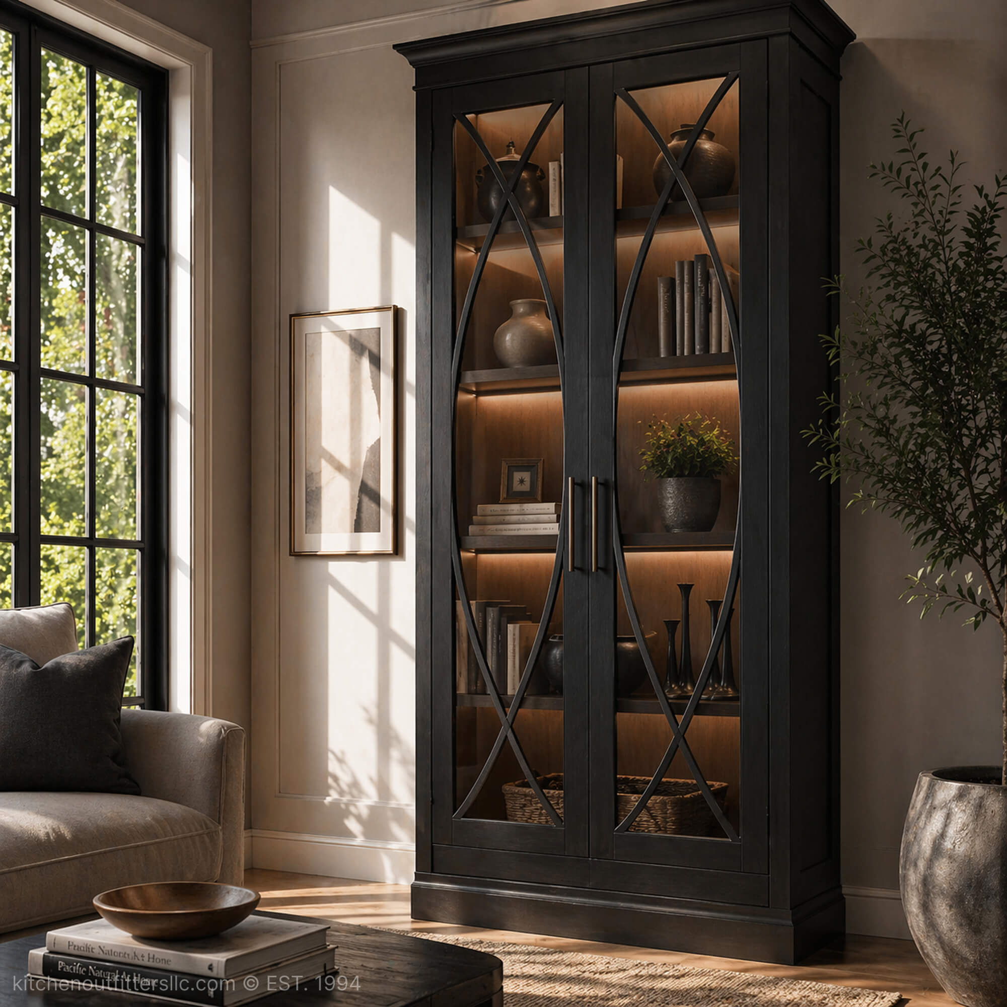 Single elliptical mullion glass cabinet doors in tall living room cabinet, dark painted finish