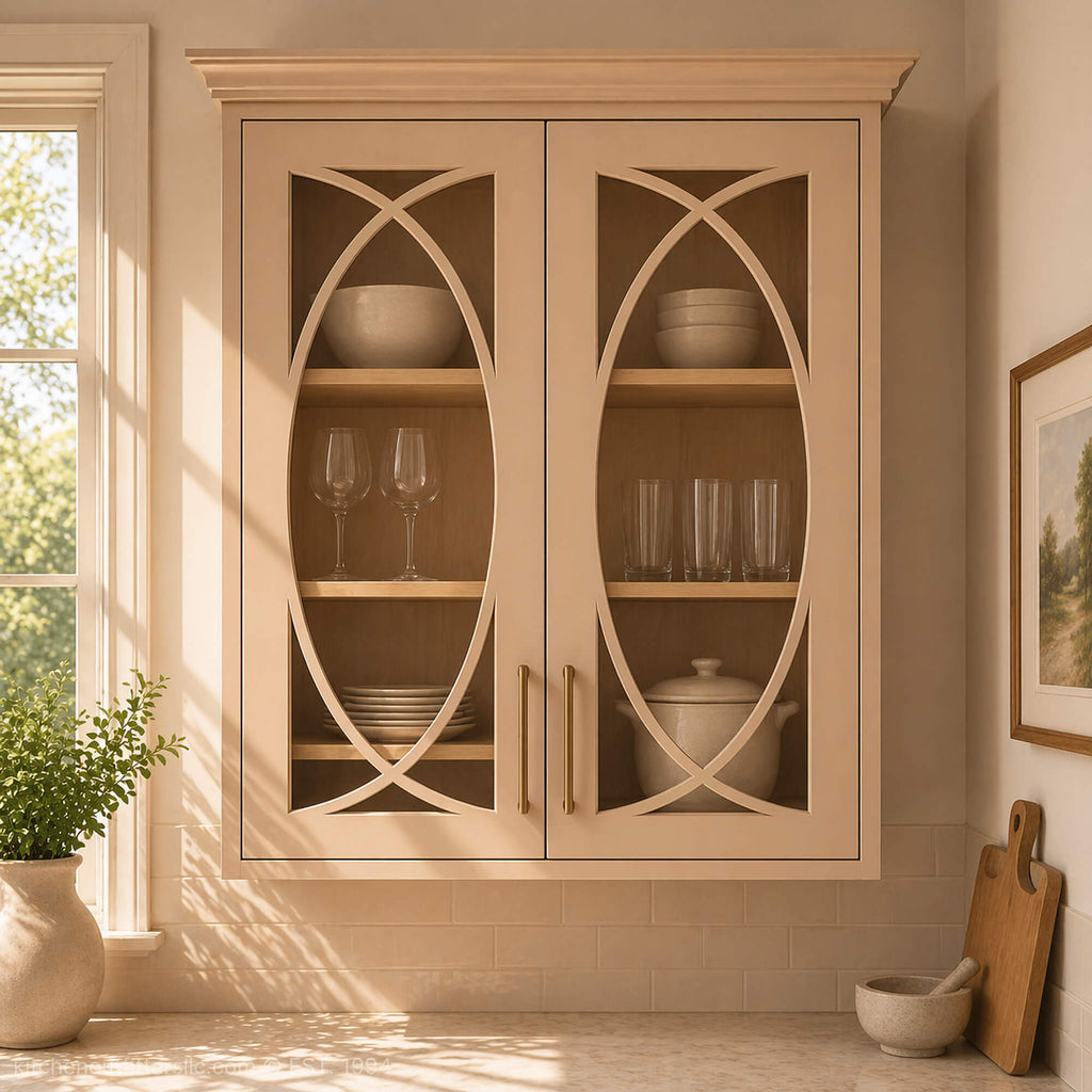 Single elliptical mullion glass cabinet doors in kitchen wall cabinets, light painted finish