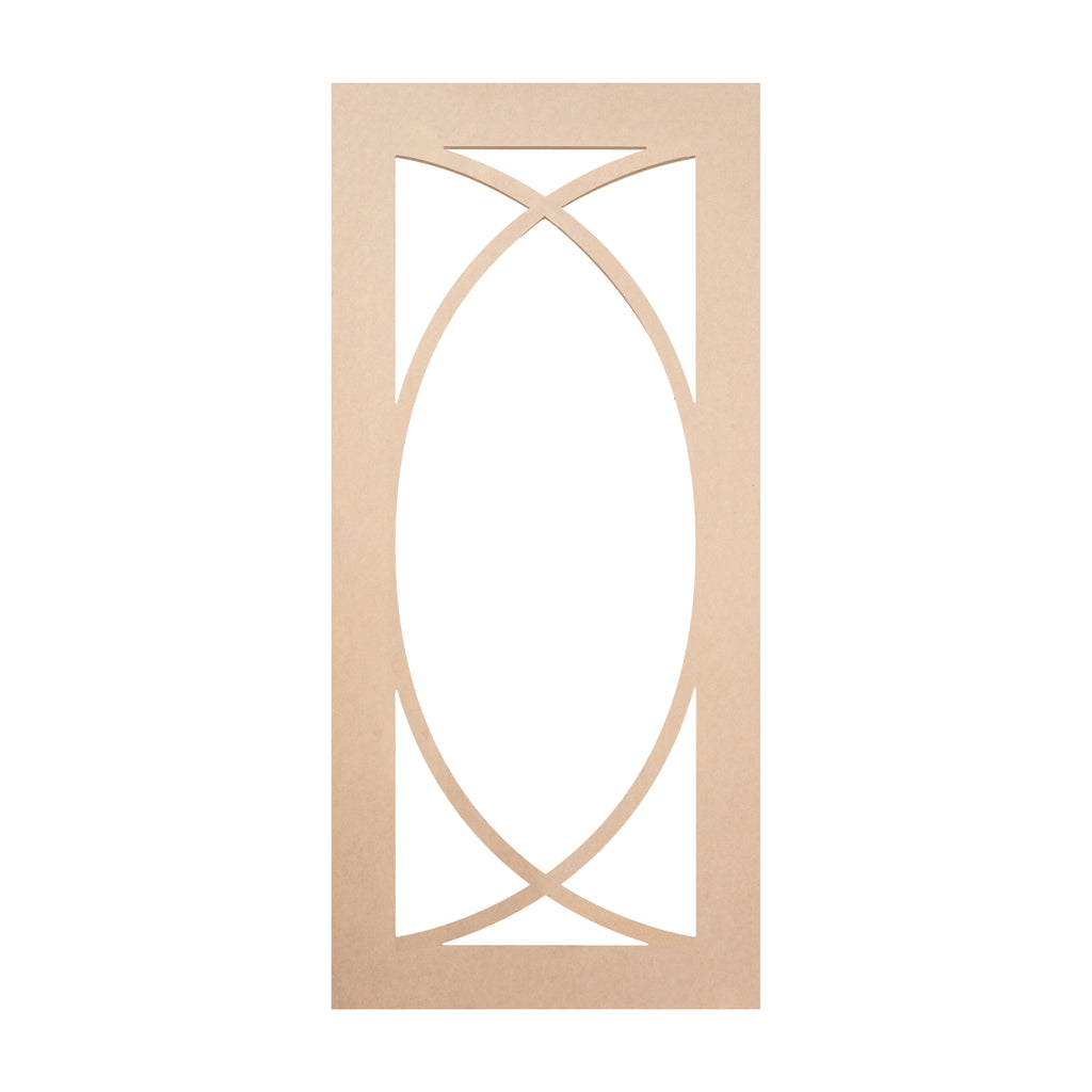 Single Elliptical Mullion glass-ready MDF cabinet door frame with graceful single ellipse pattern – modern and refined style for display cabinets.
