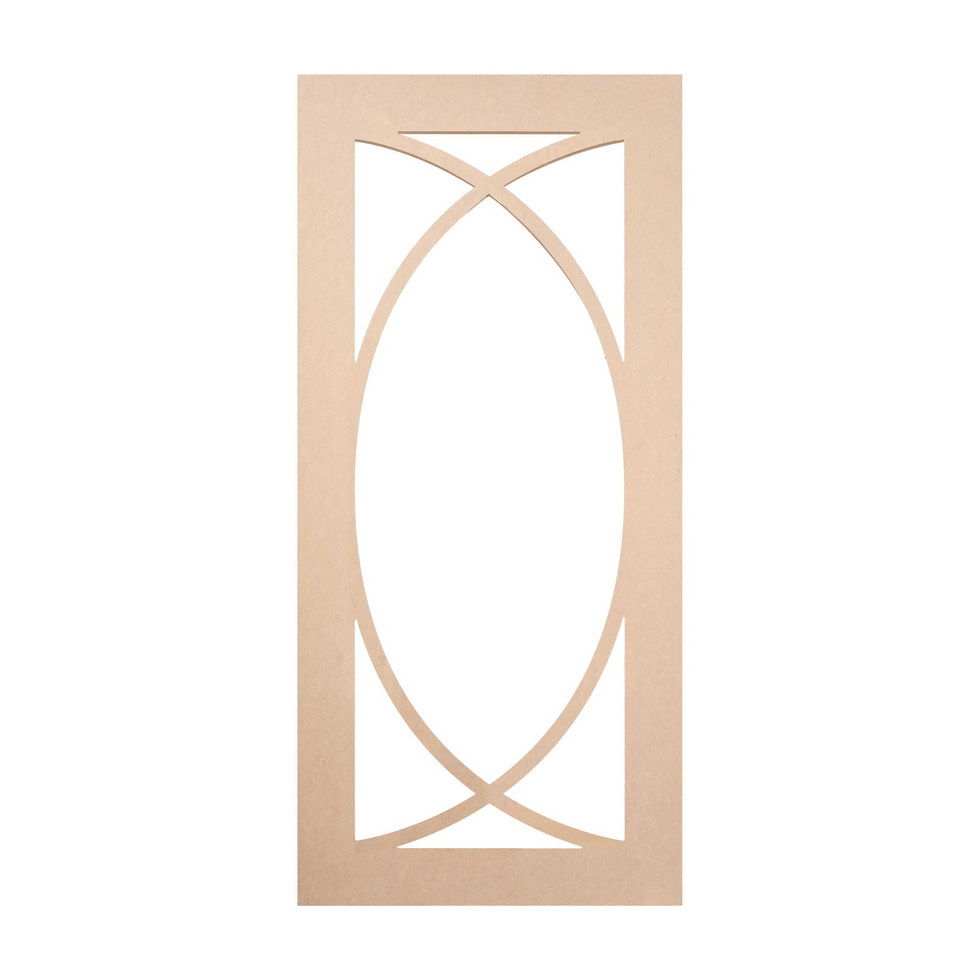Single Elliptical Mullion glass-ready MDF cabinet door frame with graceful single ellipse pattern – modern and refined style for display cabinets.
