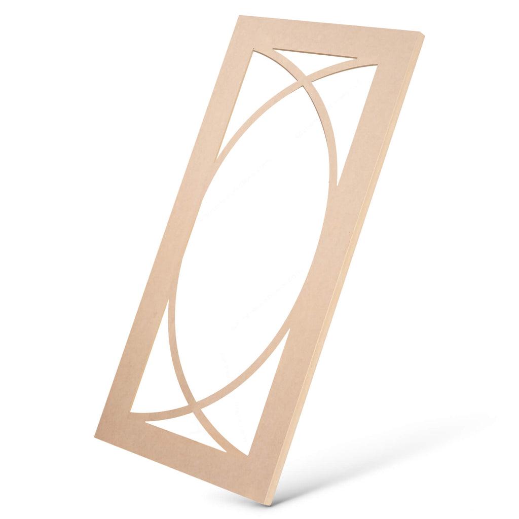 Single elliptical mullion glass-ready cabinet door frame angled view, MDF primed finish