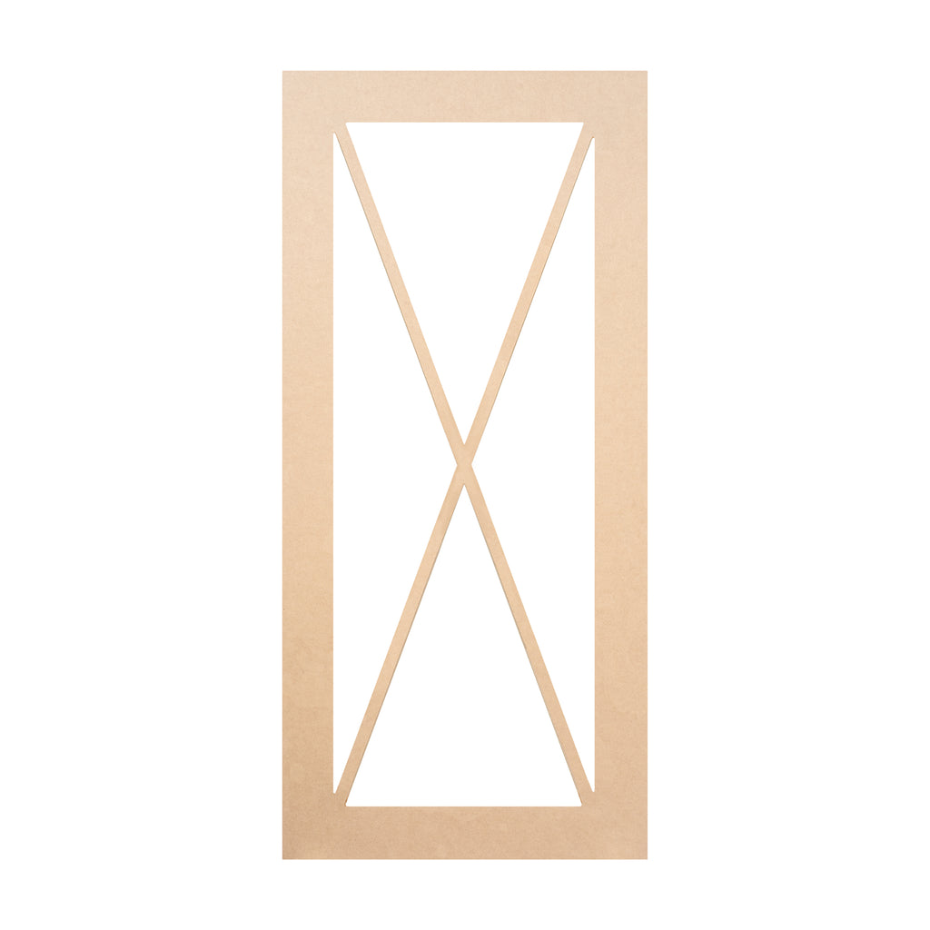 Single X Mullion glass-ready MDF cabinet door frame with elegant crossed X design, ready for glass installation – handcrafted in the USA.