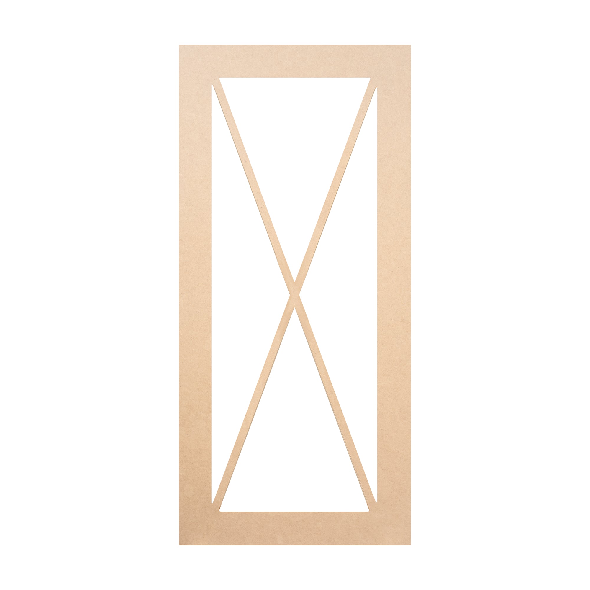 Single X Mullion glass-ready MDF cabinet door frame with elegant crossed X design, ready for glass installation – handcrafted in the USA.