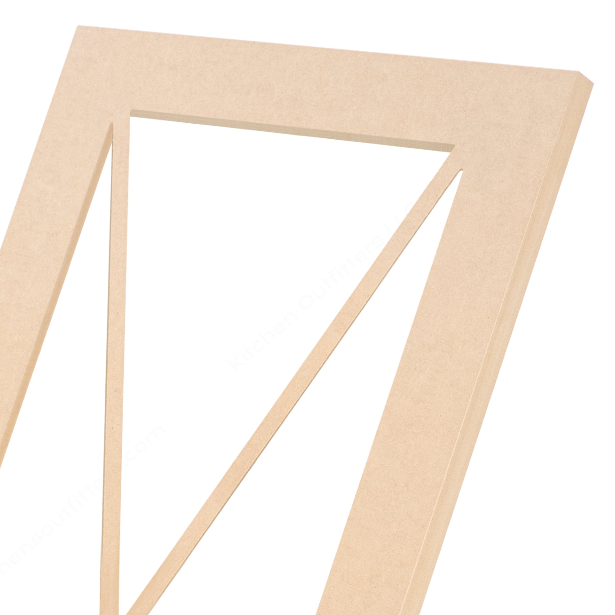 Single X mullion MDF cabinet door frame close-up, glass-ready design, primed finish
