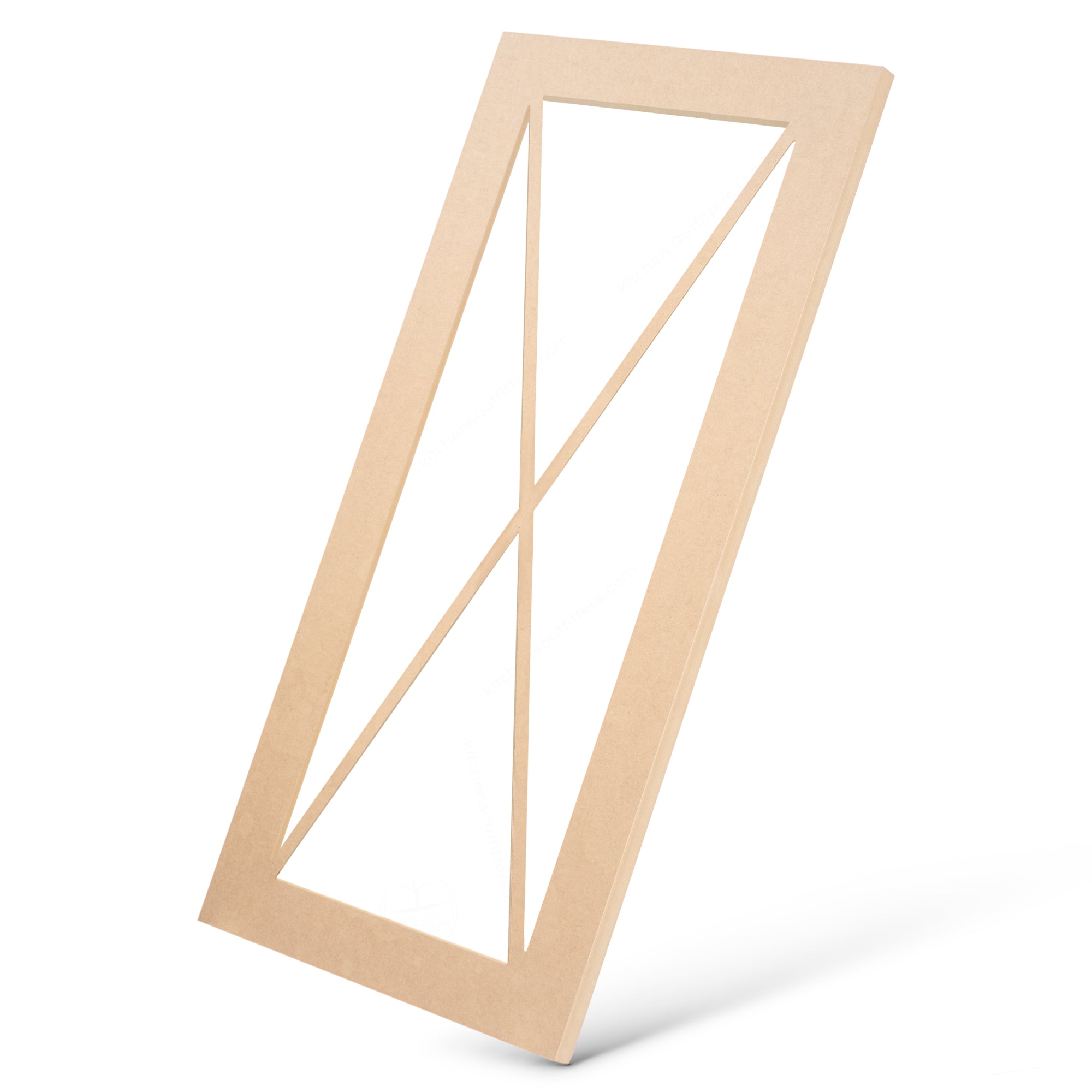 Single X mullion MDF cabinet door frame angled view, glass-ready, primed white finish