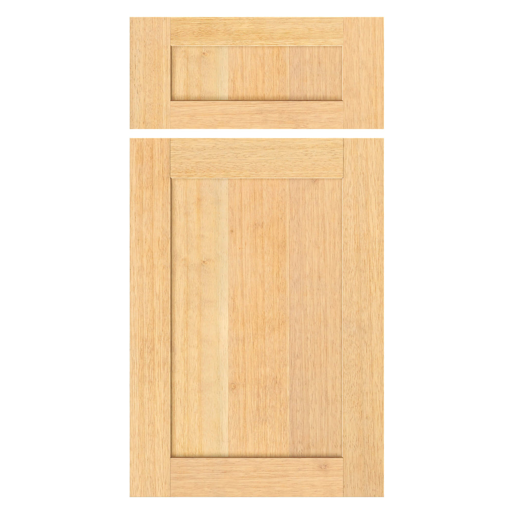 Teak Shaker Cabinet Door (Tectona grandis) — front view with matching drawer front; natural golden-brown grain.