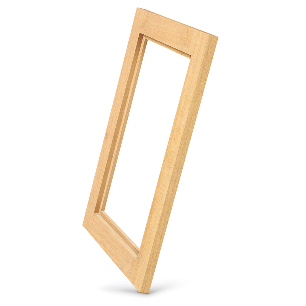 Teak Shaker Glass-Ready Door Frame — angled side view with rabbet for glass insert; clean Shaker lines.