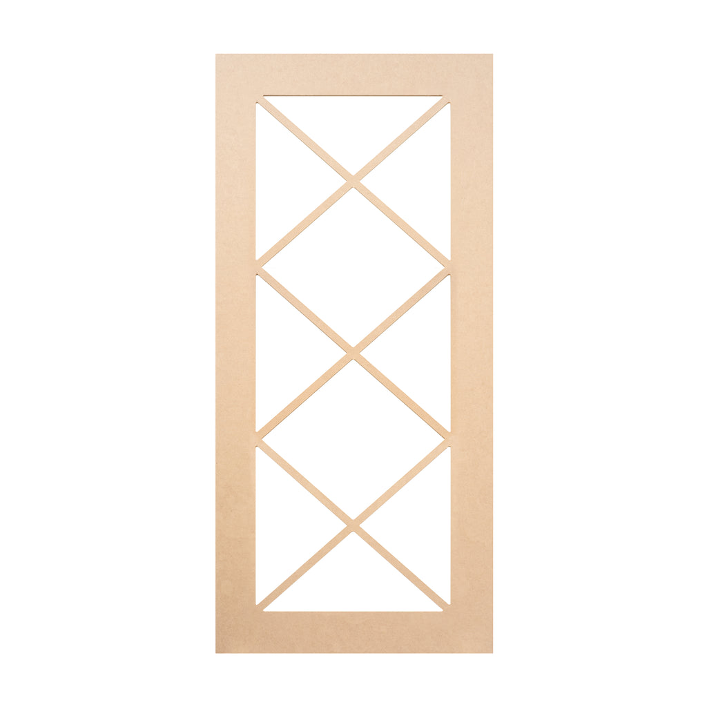 Triple X Mullion glass-ready MDF cabinet door frame with three symmetrical X divisions, designed for upper wall cabinets or tall display doors.