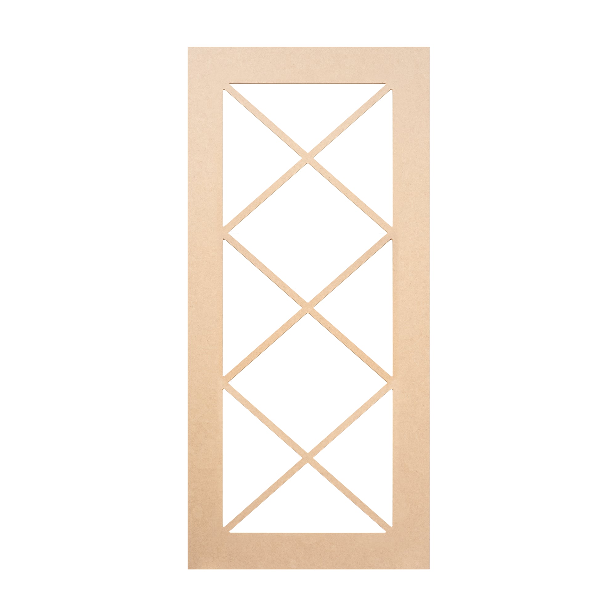 Triple X Mullion glass-ready MDF cabinet door frame with three symmetrical X divisions, designed for upper wall cabinets or tall display doors.