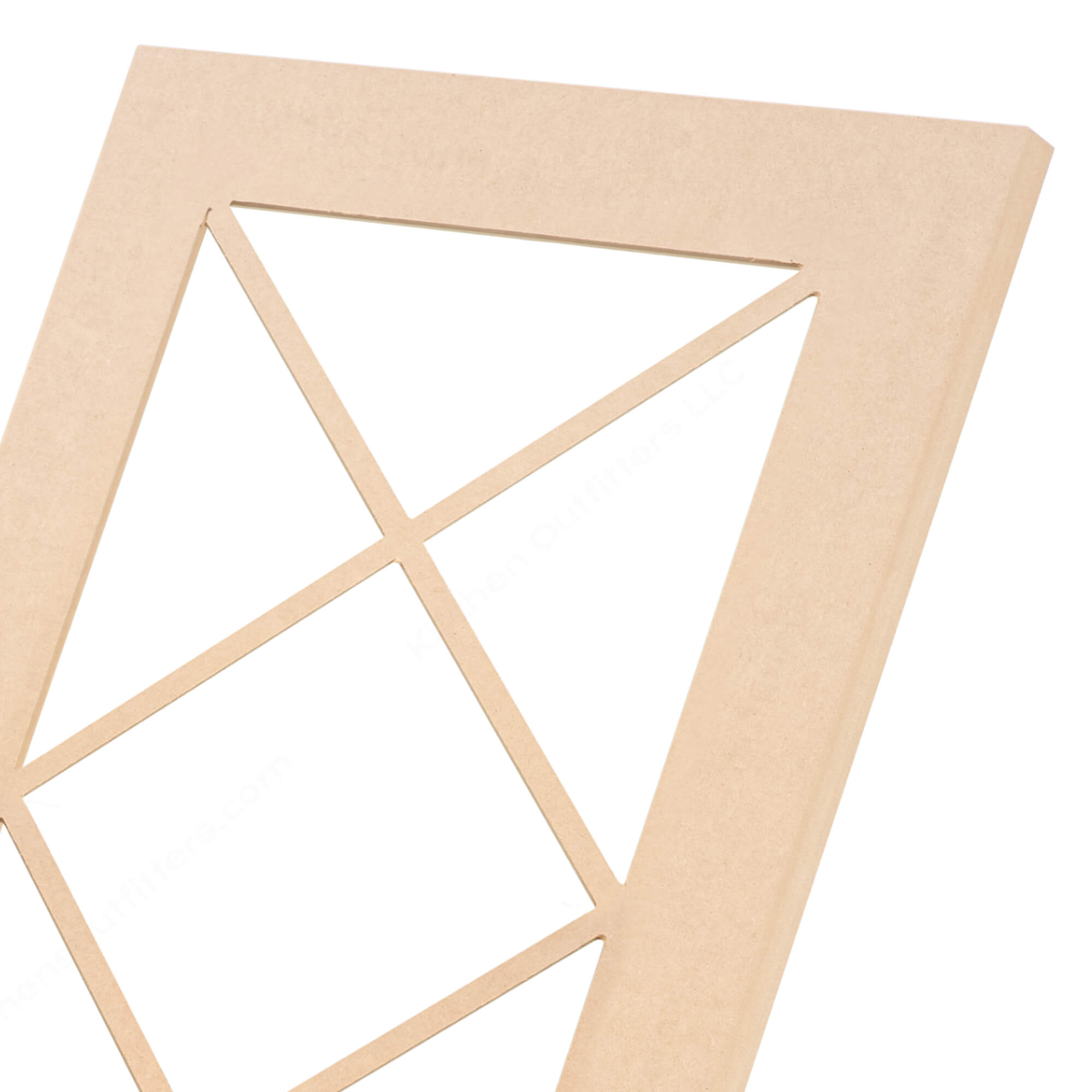 Triple X mullion glass-ready MDF cabinet door frame close-up, unfinished paint-grade surface