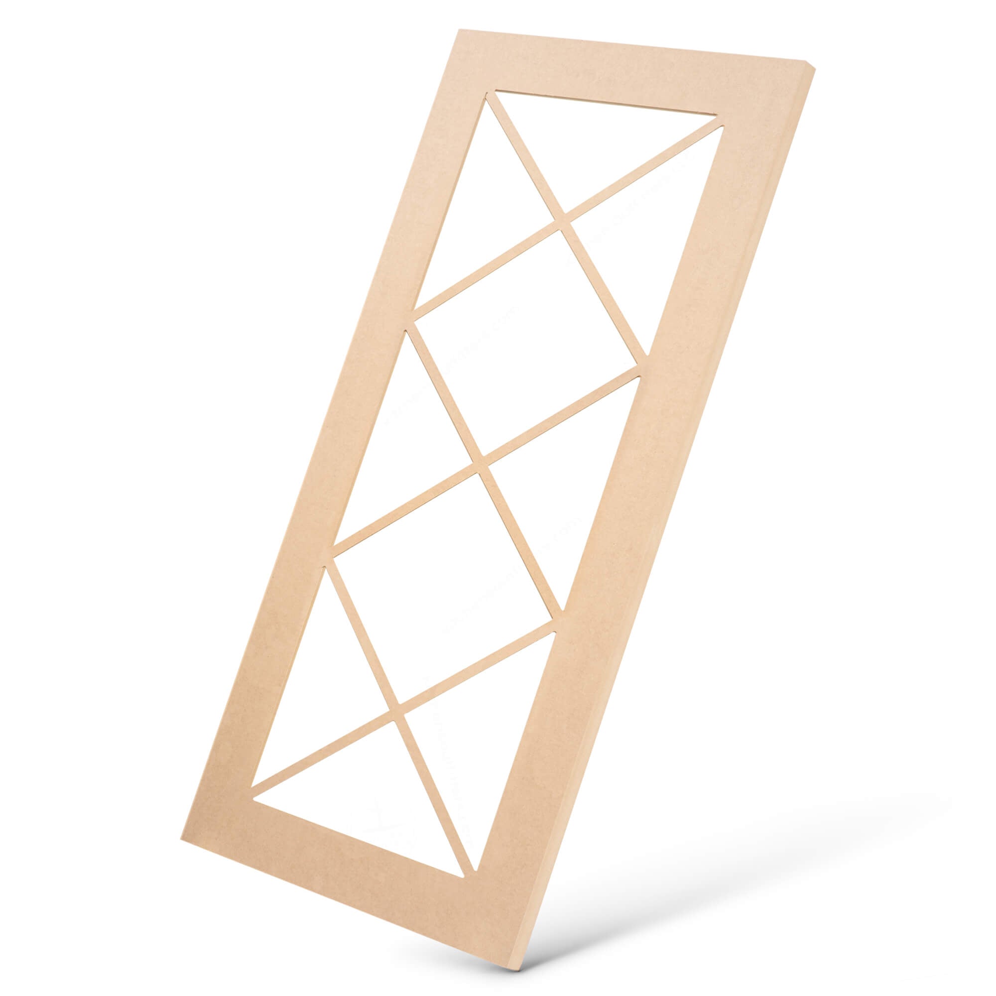 Triple X mullion glass-ready MDF cabinet door frame angled view, paint-ready surface