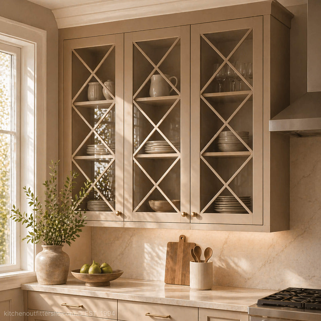 Wall kitchen cabinets with triple X mullion glass doors in neutral beige finish, soft natural lighting