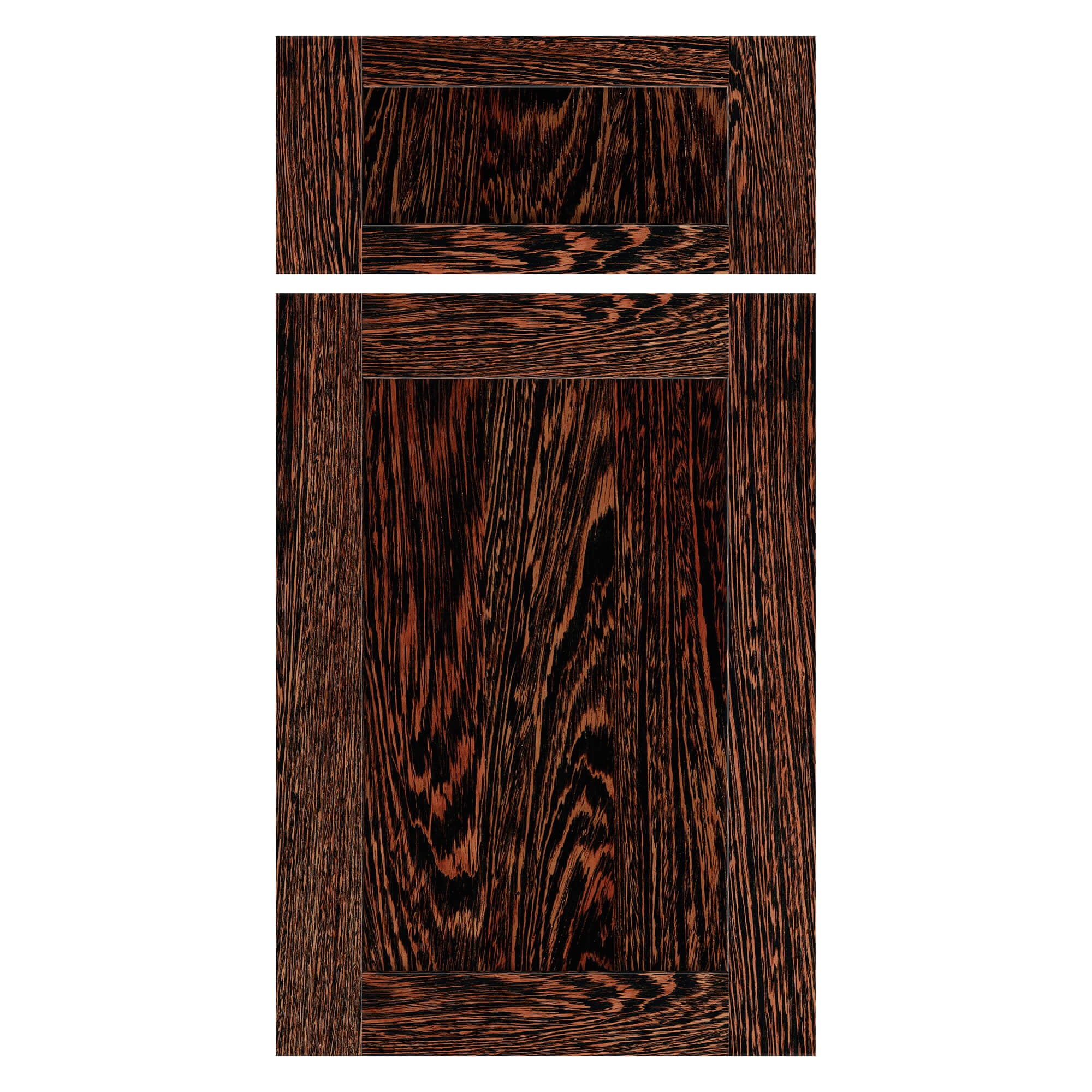 Wenge shaker cabinet door and drawer front set with dark natural wood grain and high contrast pattern